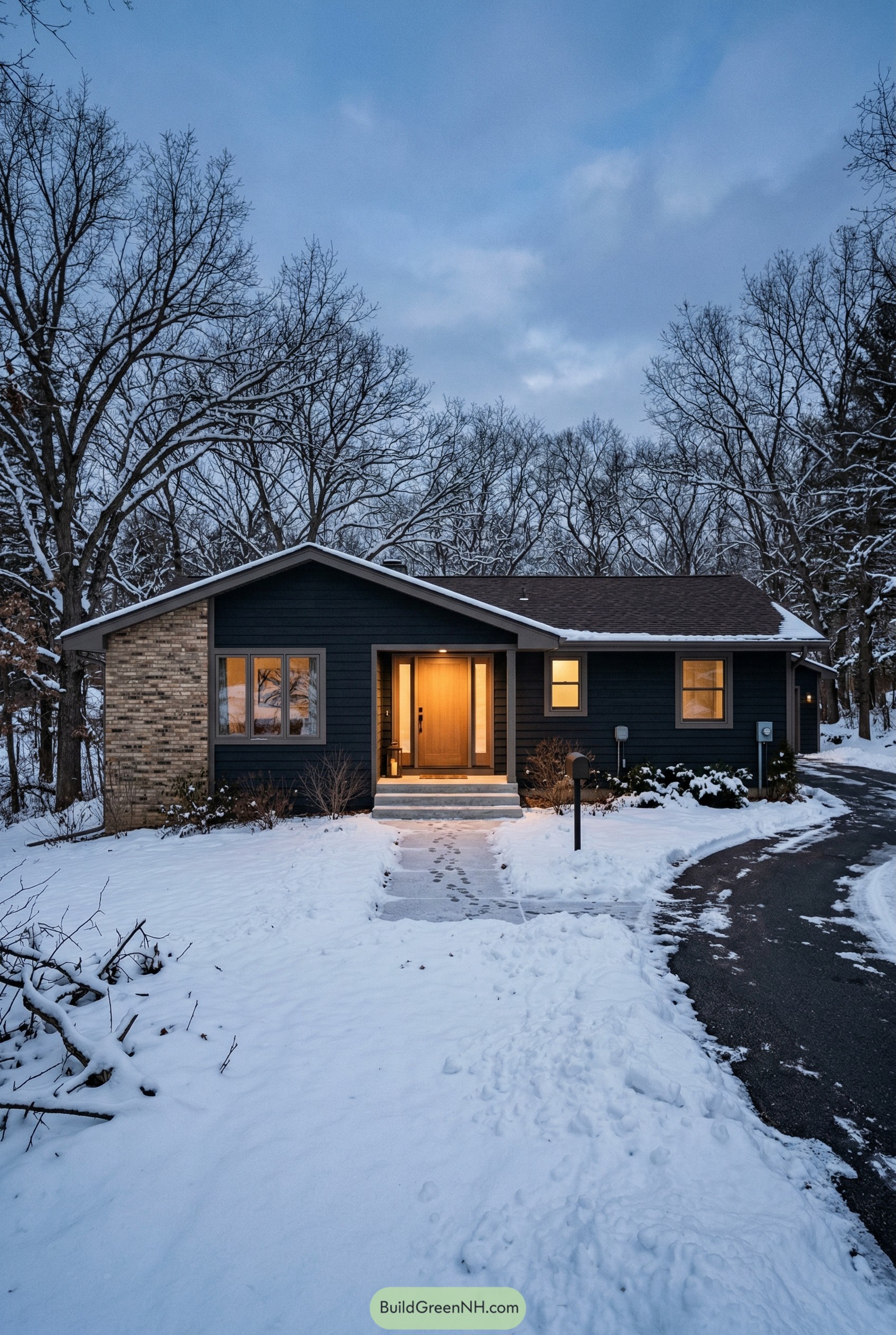 Navy ranch house with beige brick accent in snow