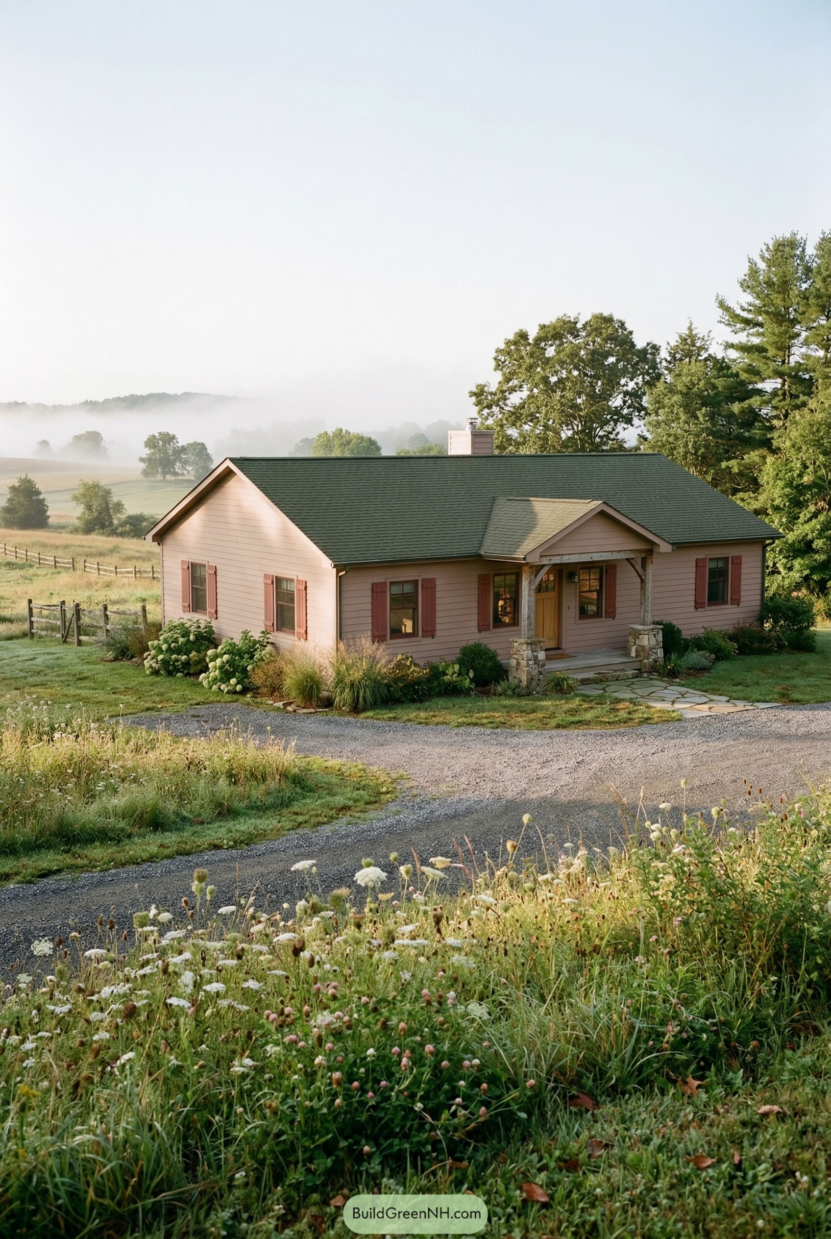 Dusty blush ranch house with rose shutters and stone porch