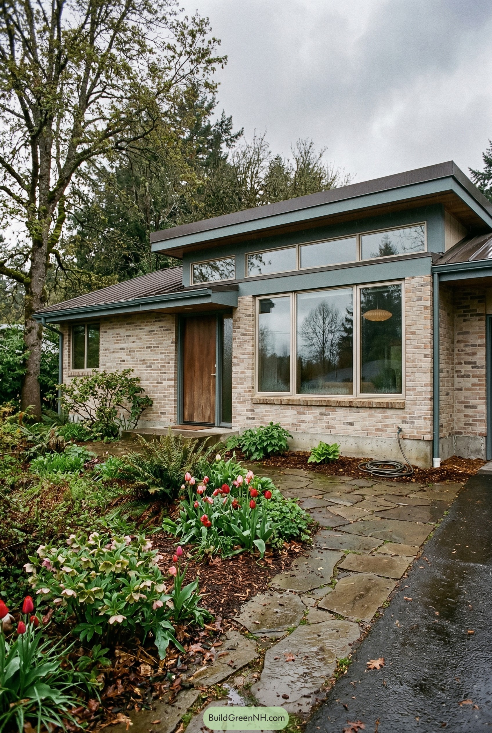 Modern beige brick ranch with blue gray trim