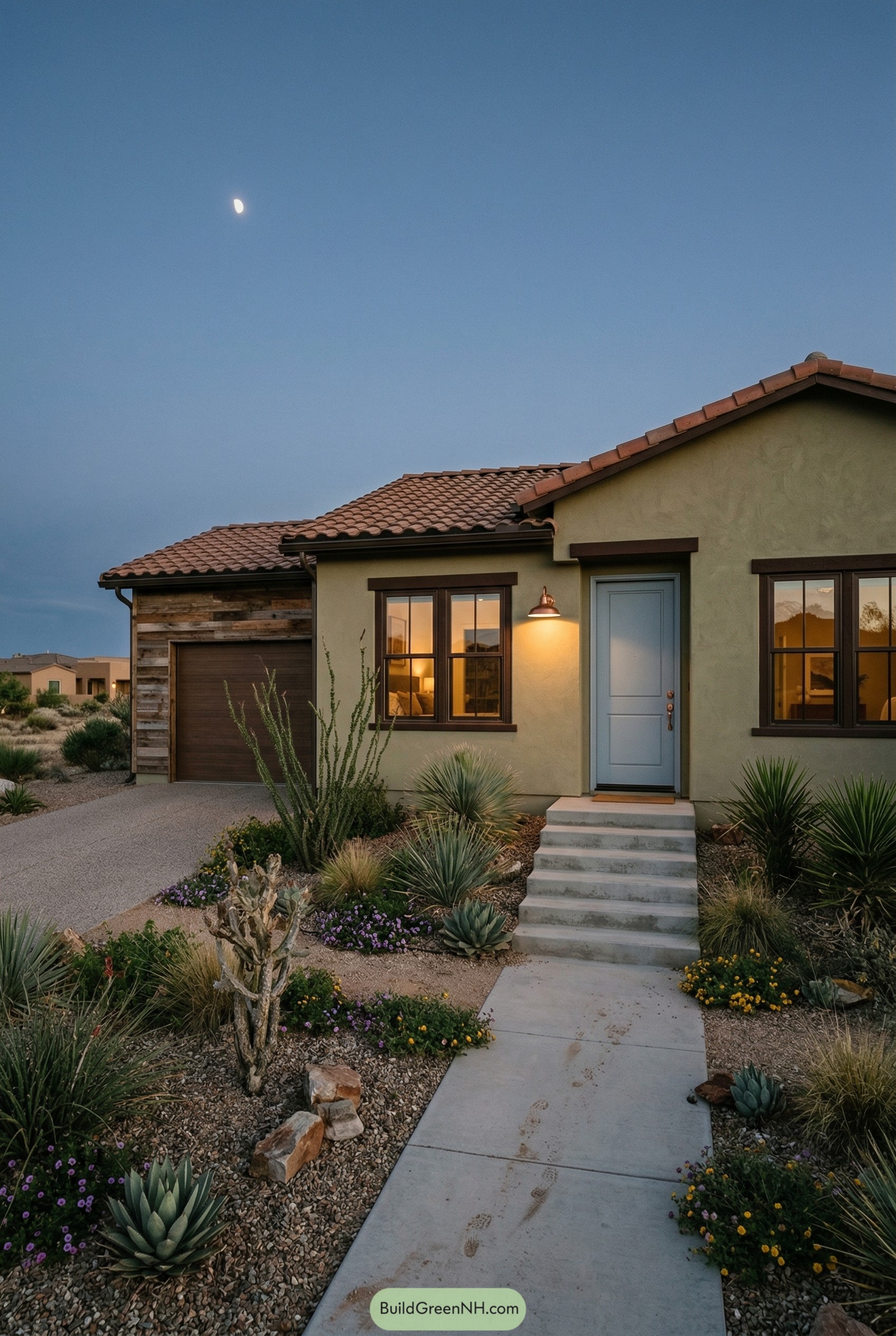 Olive stucco ranch with blue gray door