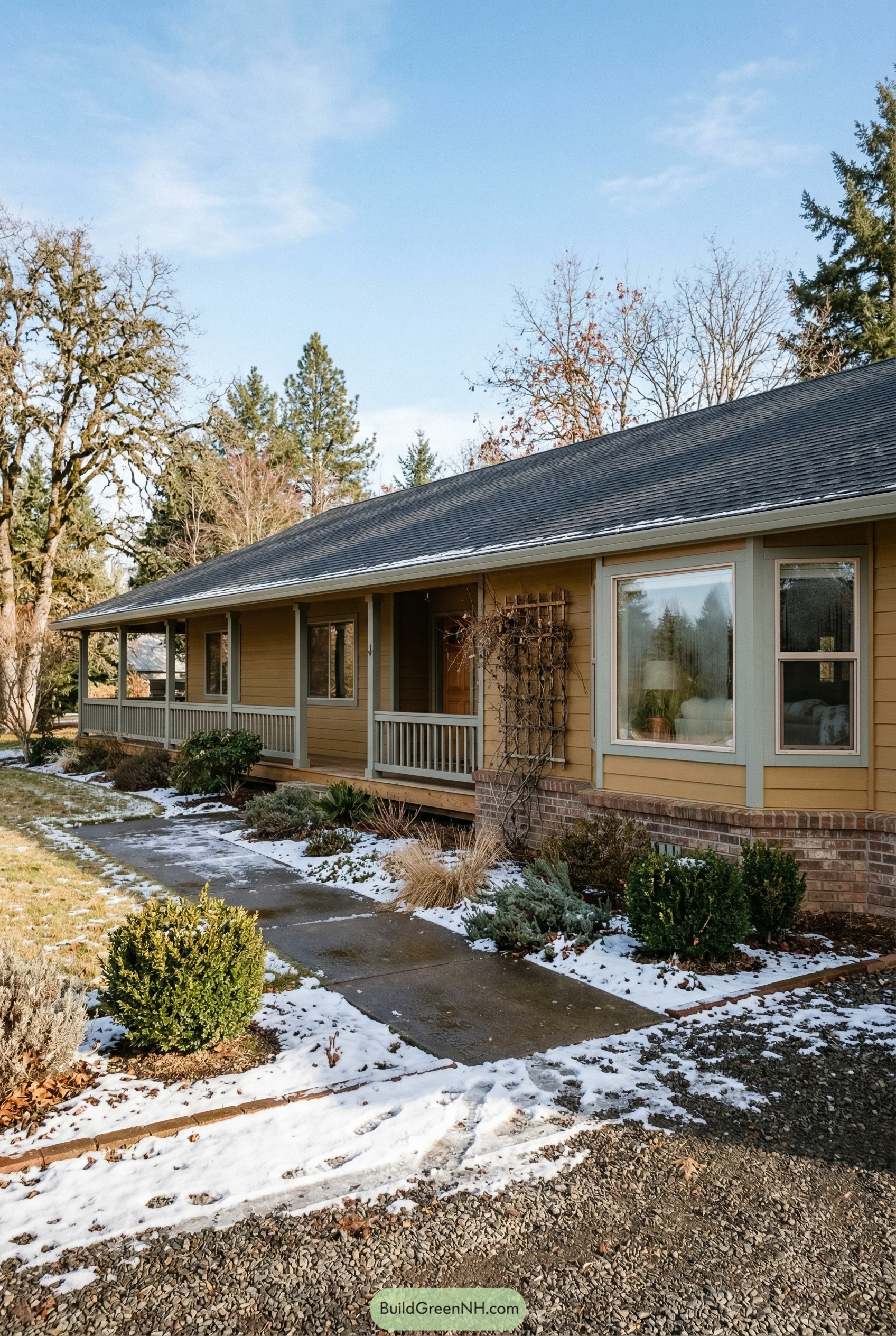 Tan ranch house with gray trim and front porch