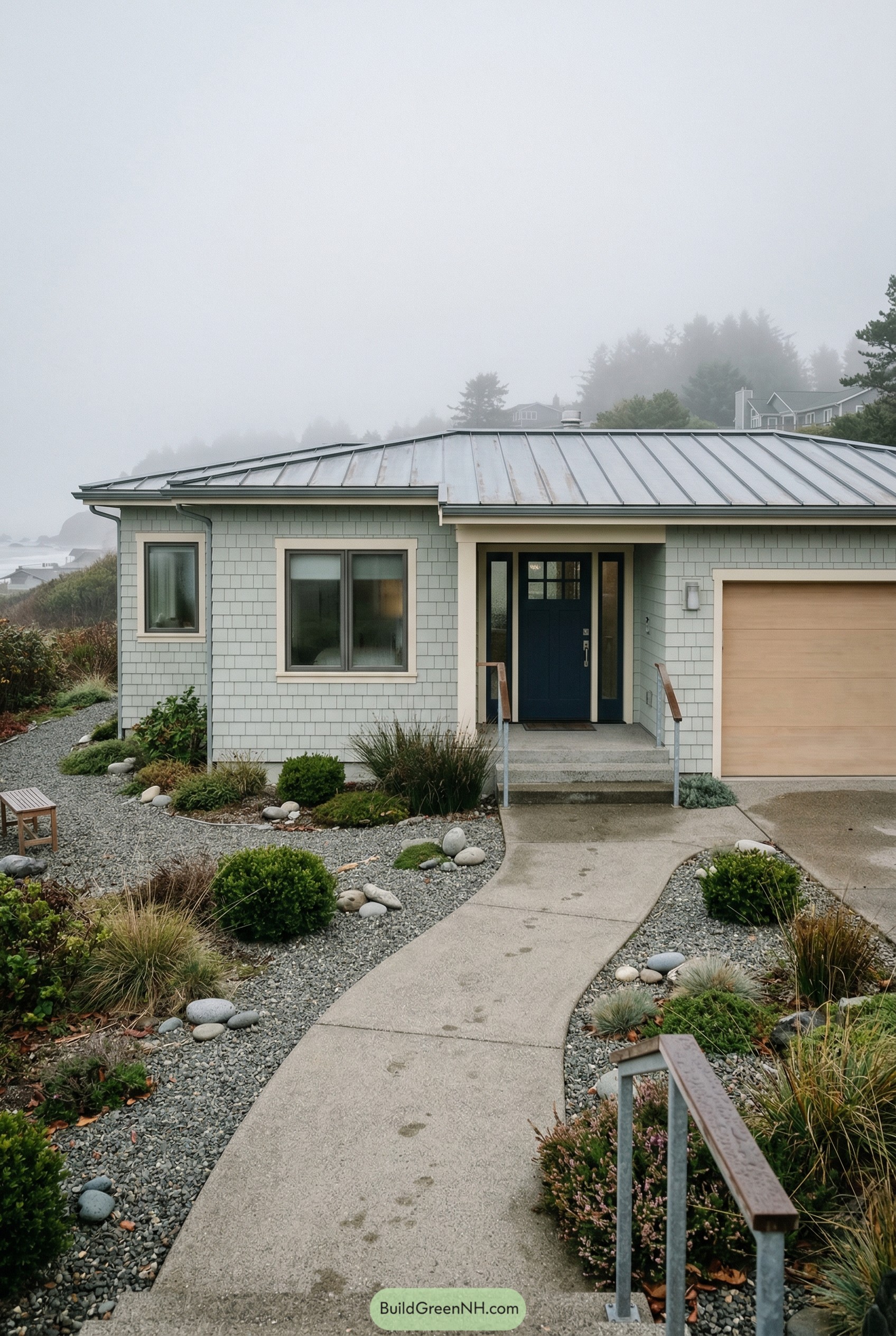 Pale gray ranch with navy entry