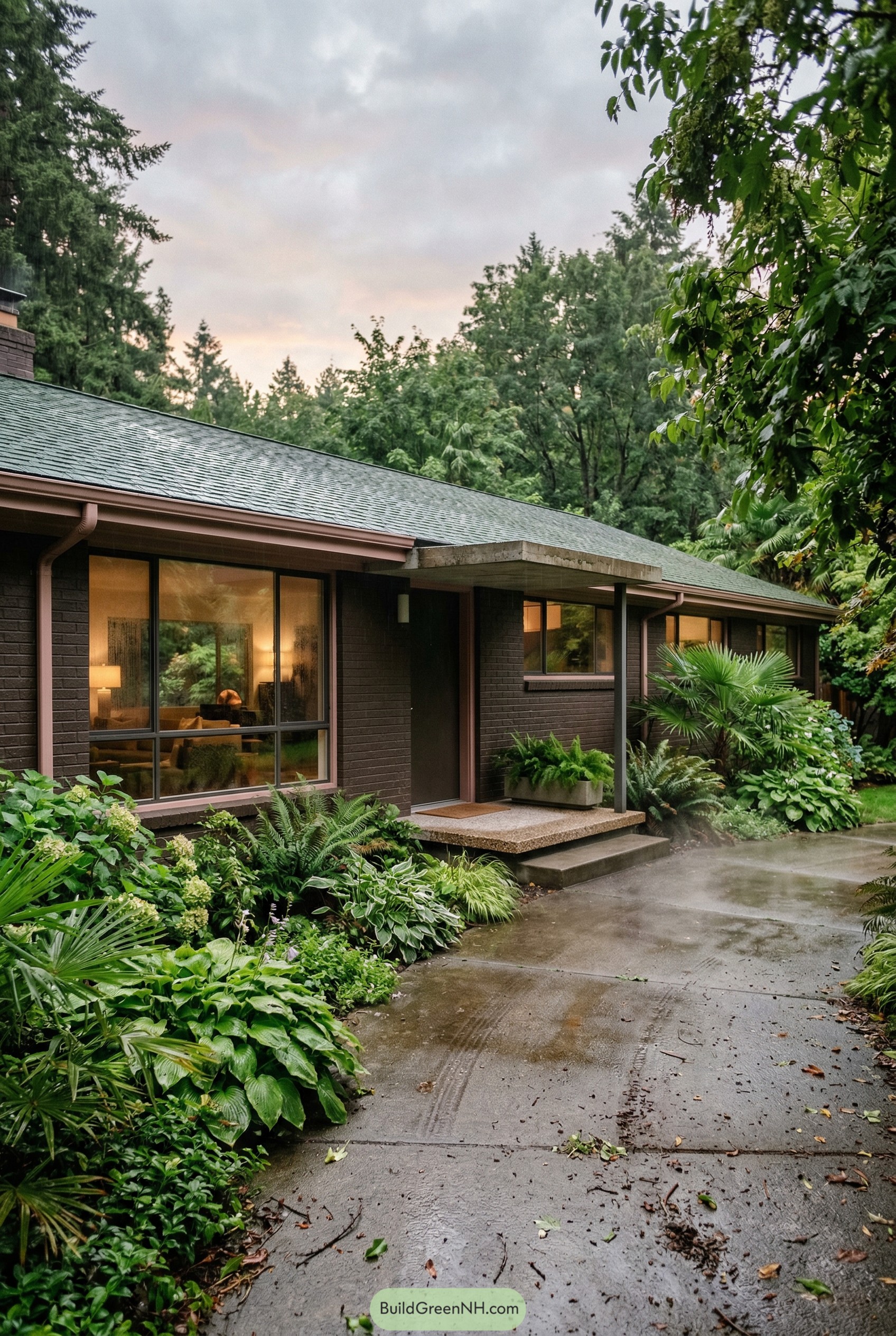 Dark brown ranch house with wet driveway and lush garden
