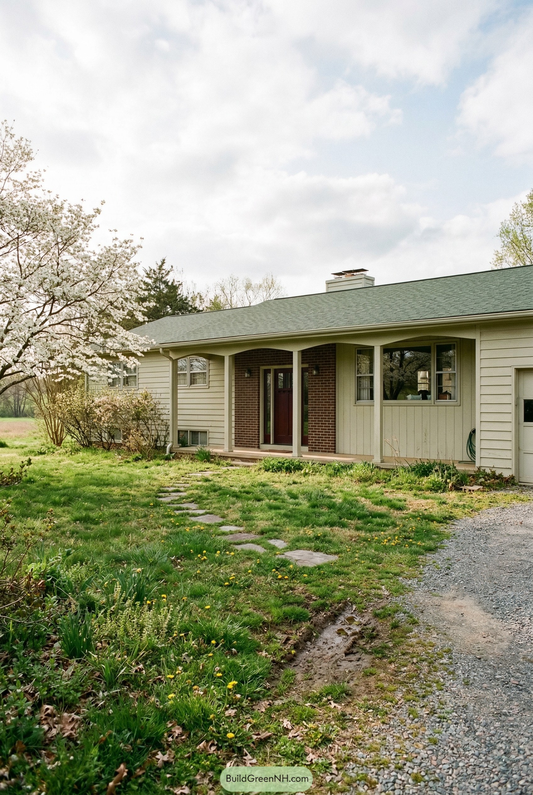 Cream ranch house with olive trim and brick porch