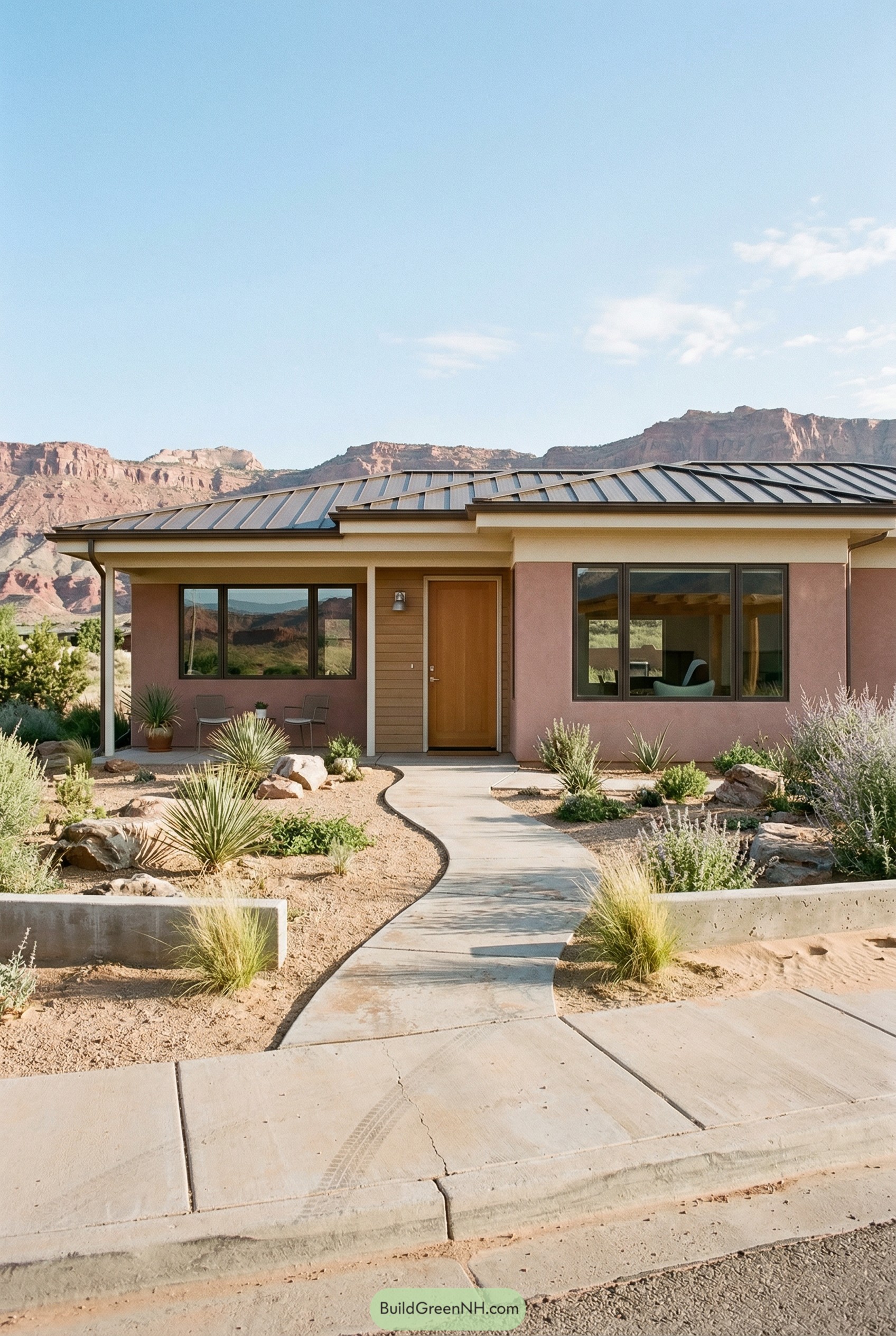Dusty rose ranch house with metal roof in desert landscape