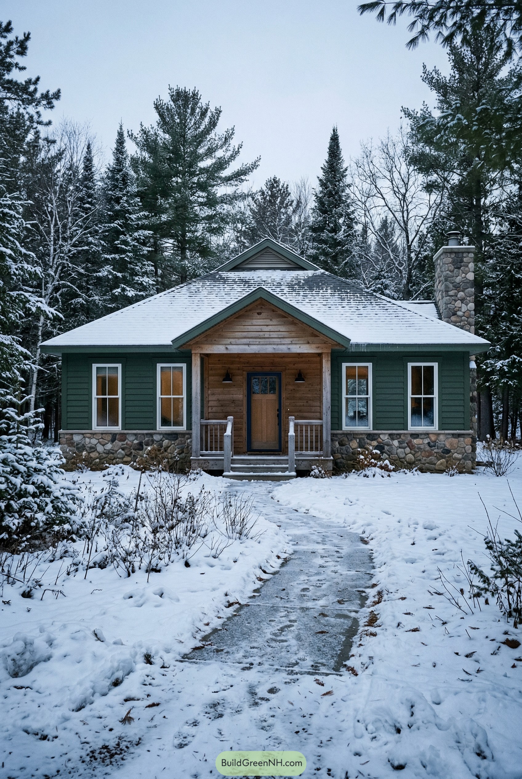 Green ranch house with small porch in snow