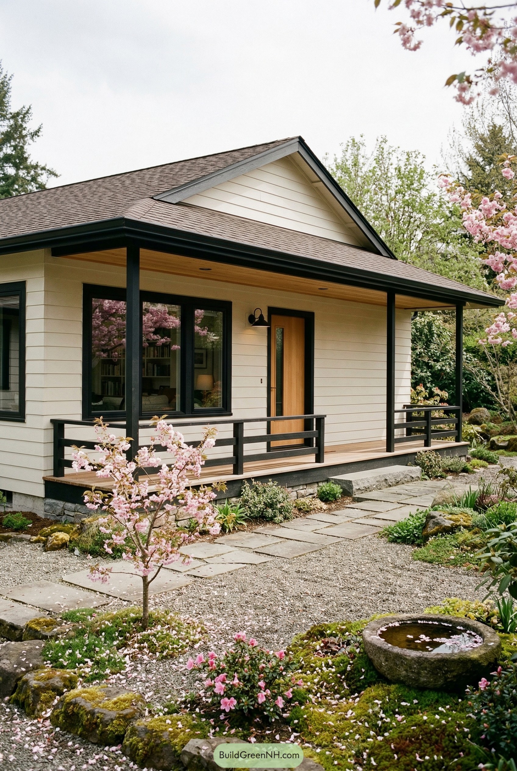 White ranch porch beside cherry blossoms