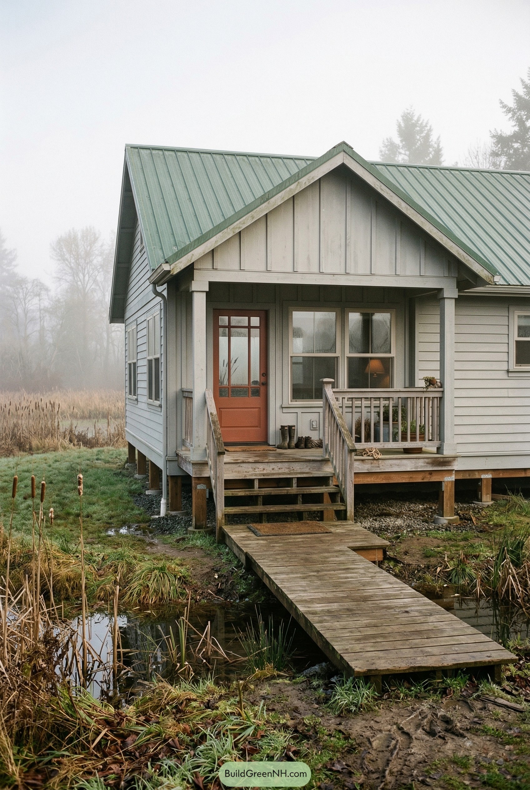 Raised gray ranch with porch and marsh boardwalk
