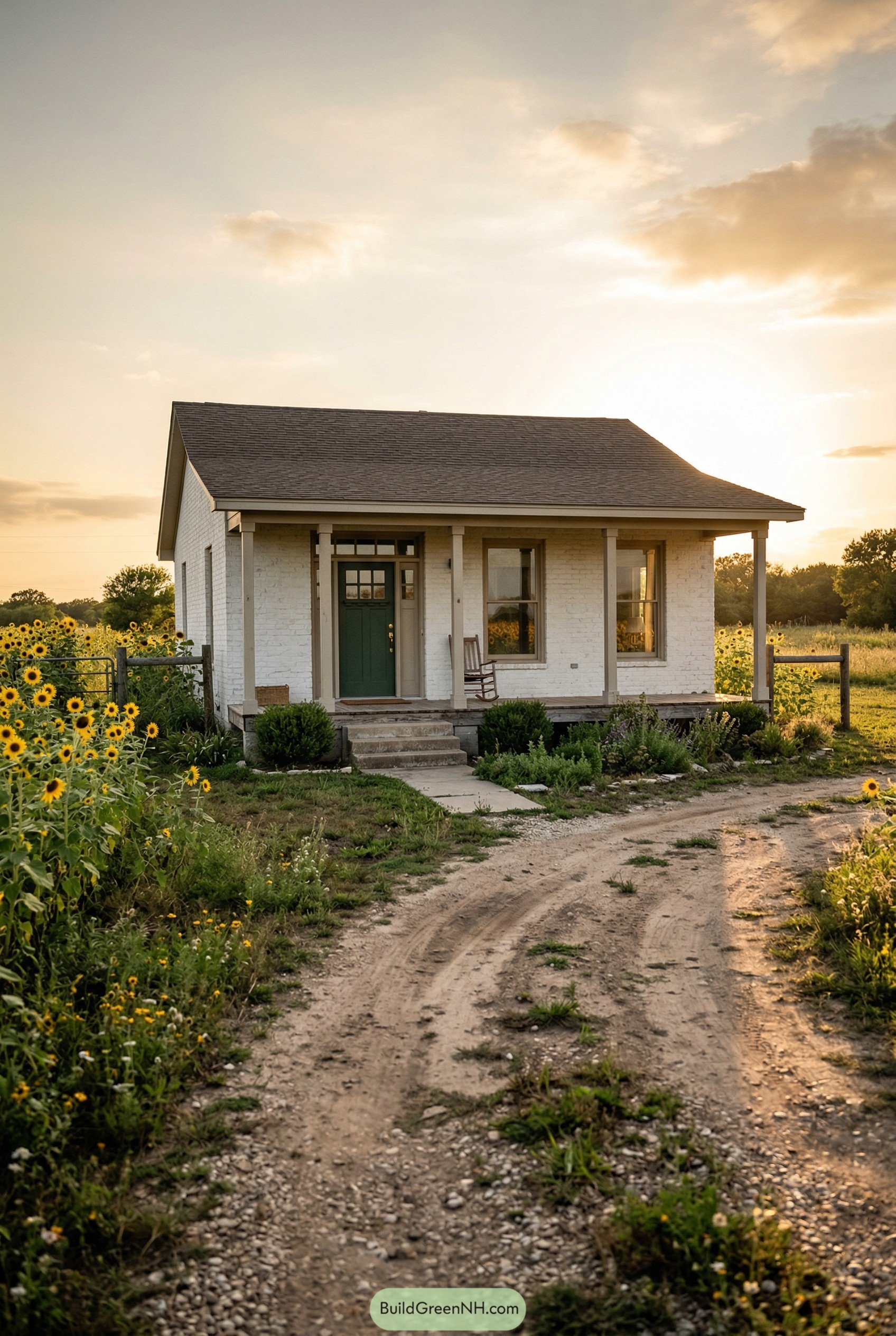 Small white brick ranch with porch and green door