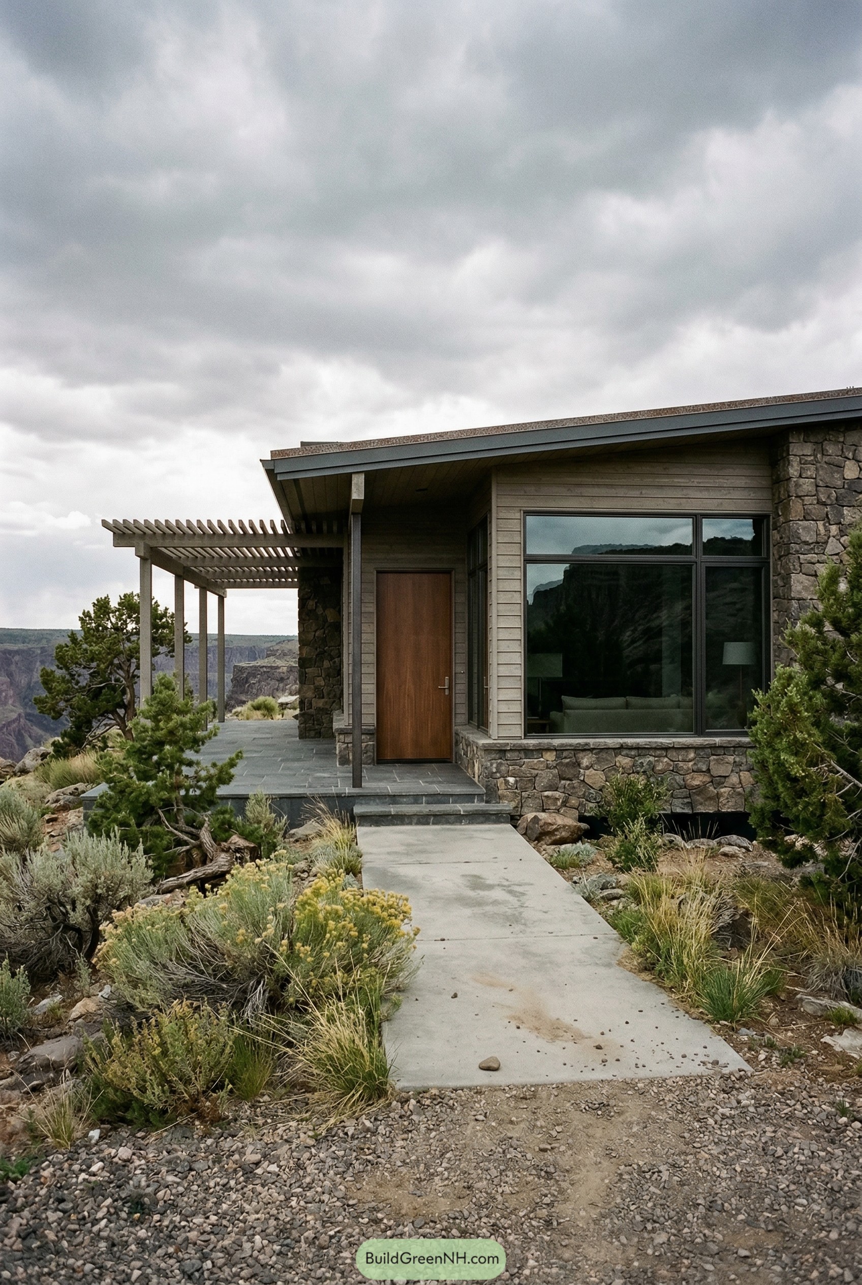 Modern ranch house with stone porch and pergola