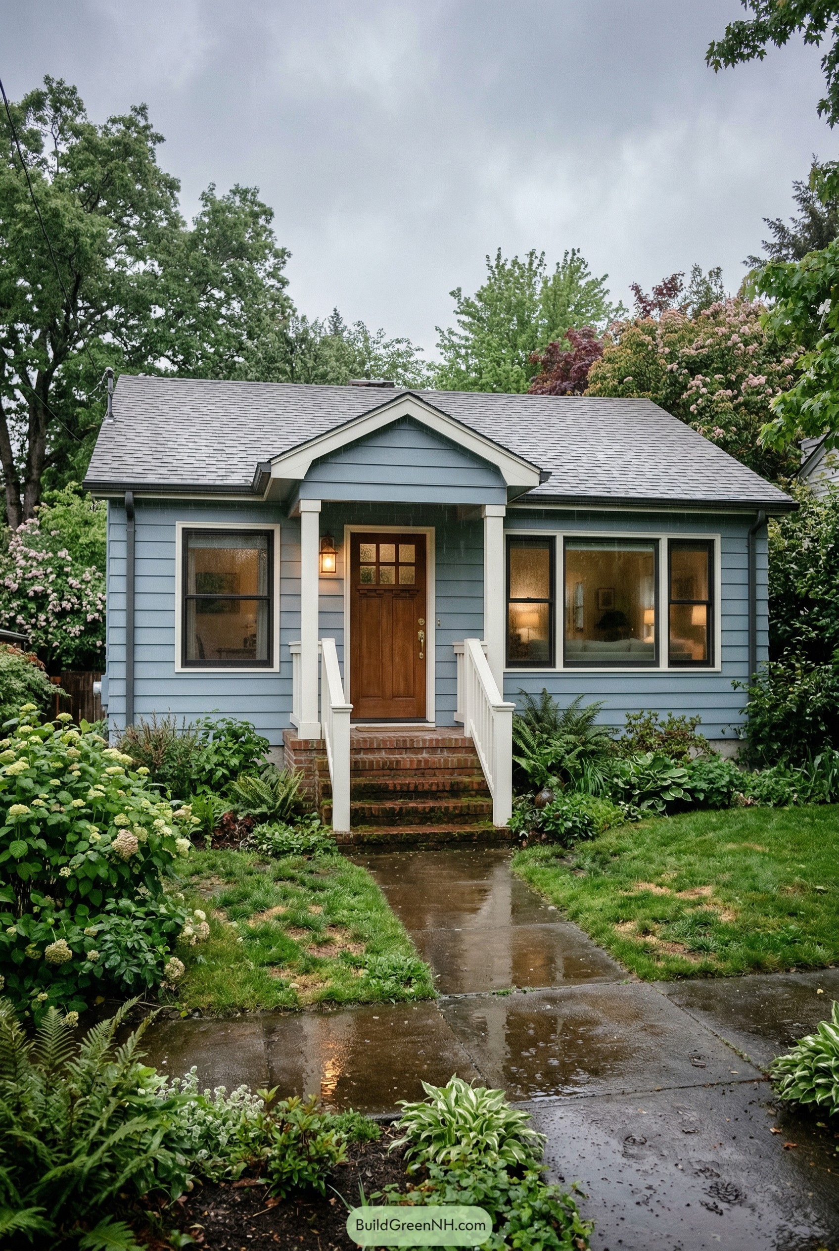 Small blue ranch house with a covered porch in the rain