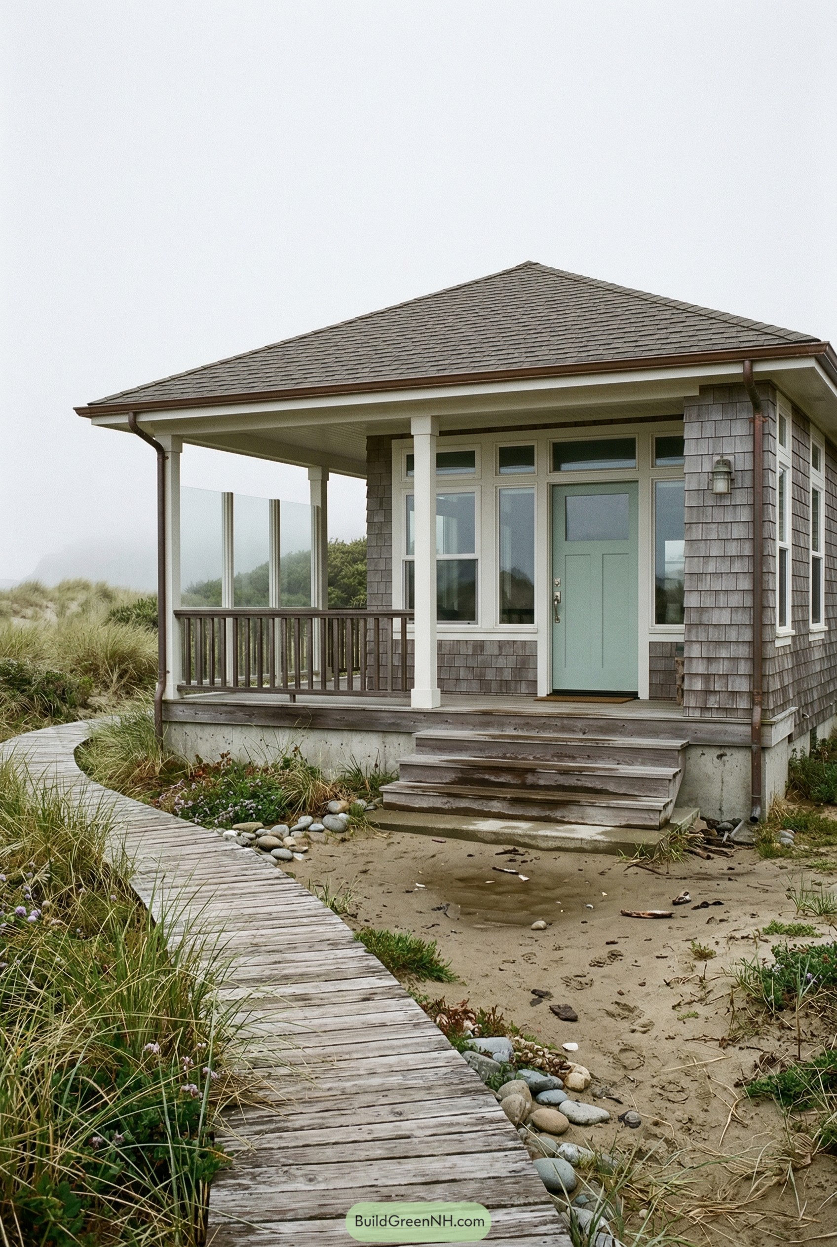 Shingled beach ranch with covered porch