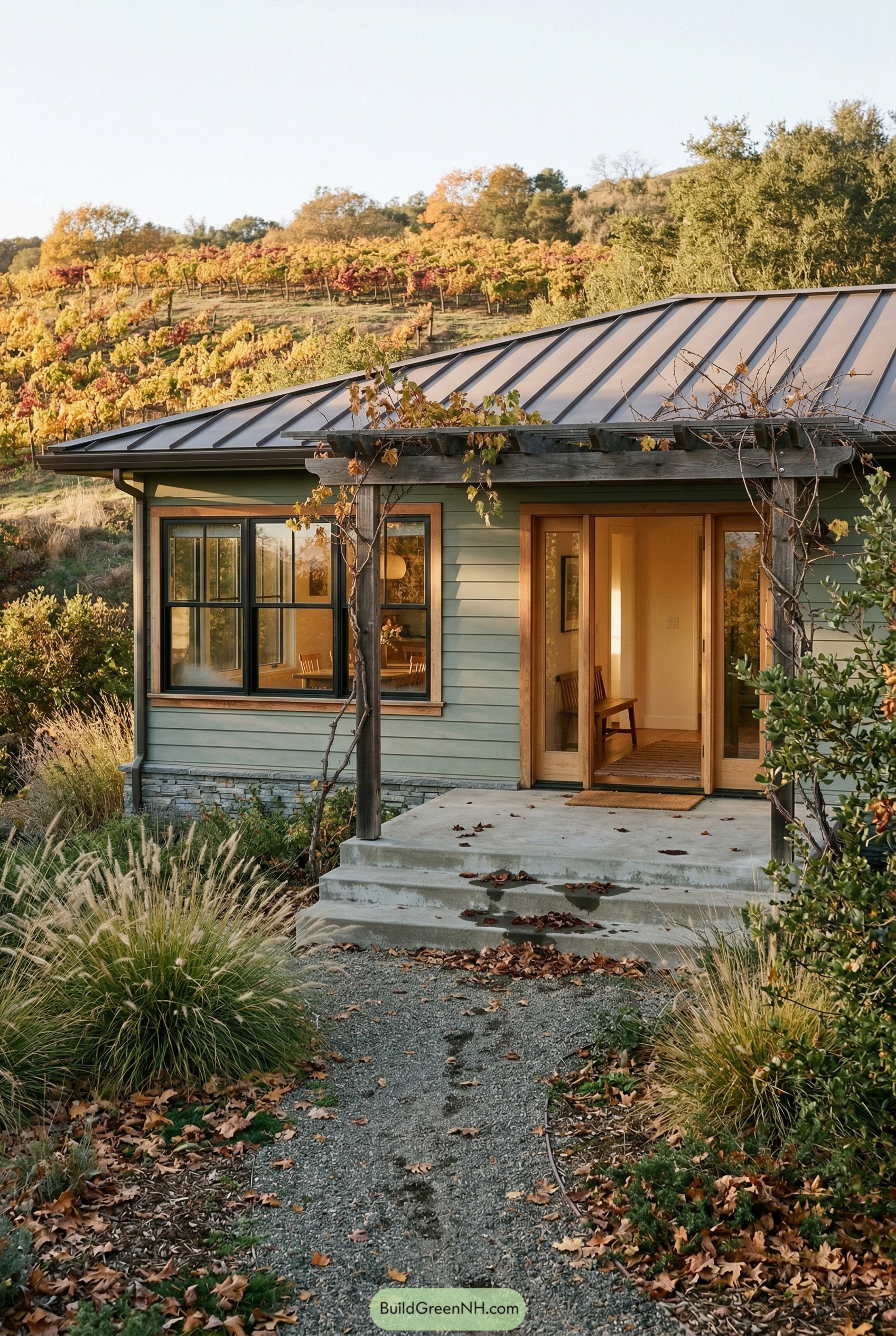 Sage green ranch with pergola entry by vineyard