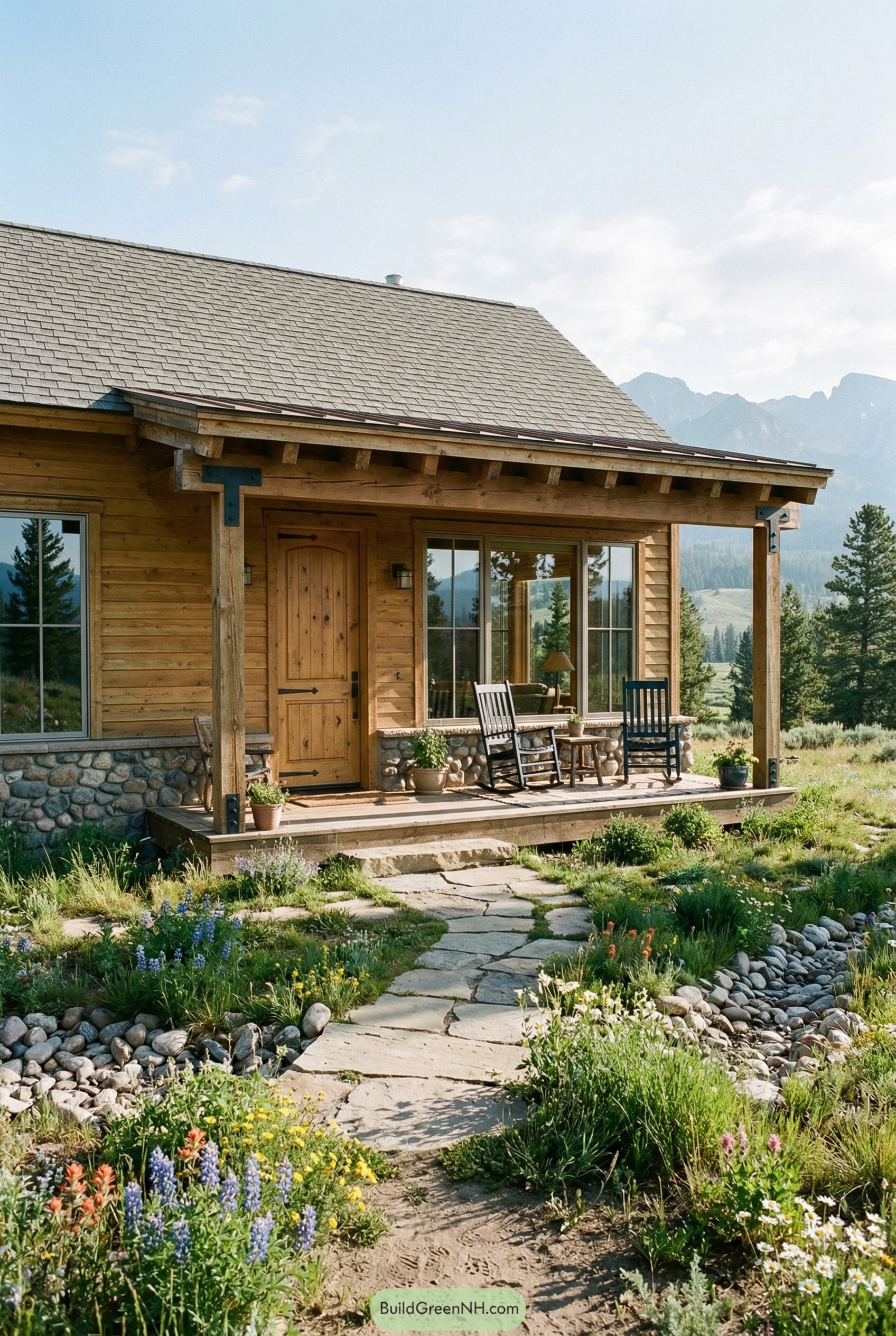 Rustic wood ranch porch beside a mountain meadow