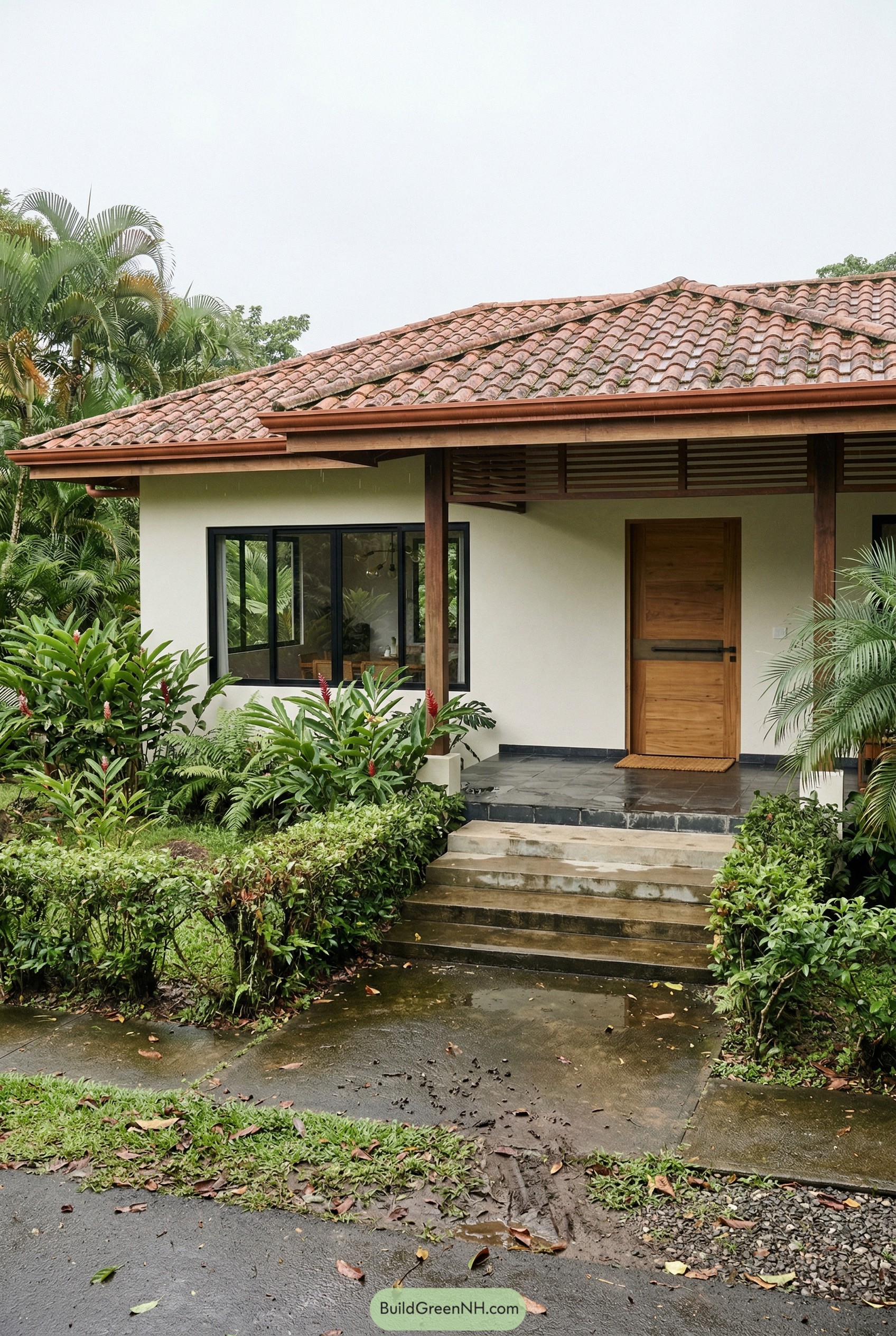 Tropical ranch porch with clay tile roof