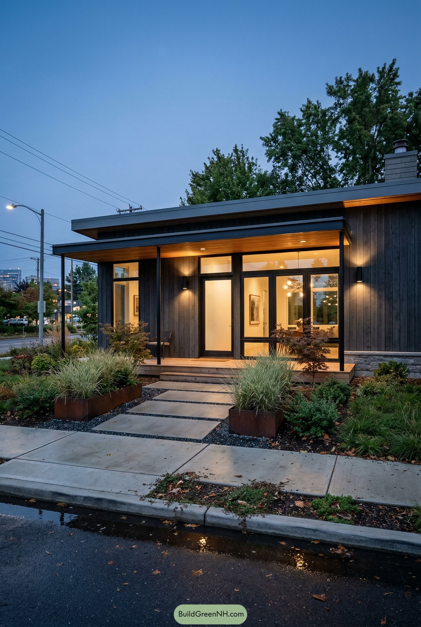 Modern charcoal ranch with covered front porch