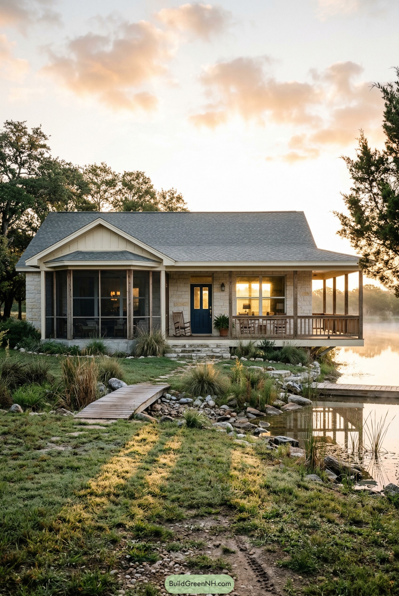 Stone ranch house with screened porch beside a pond