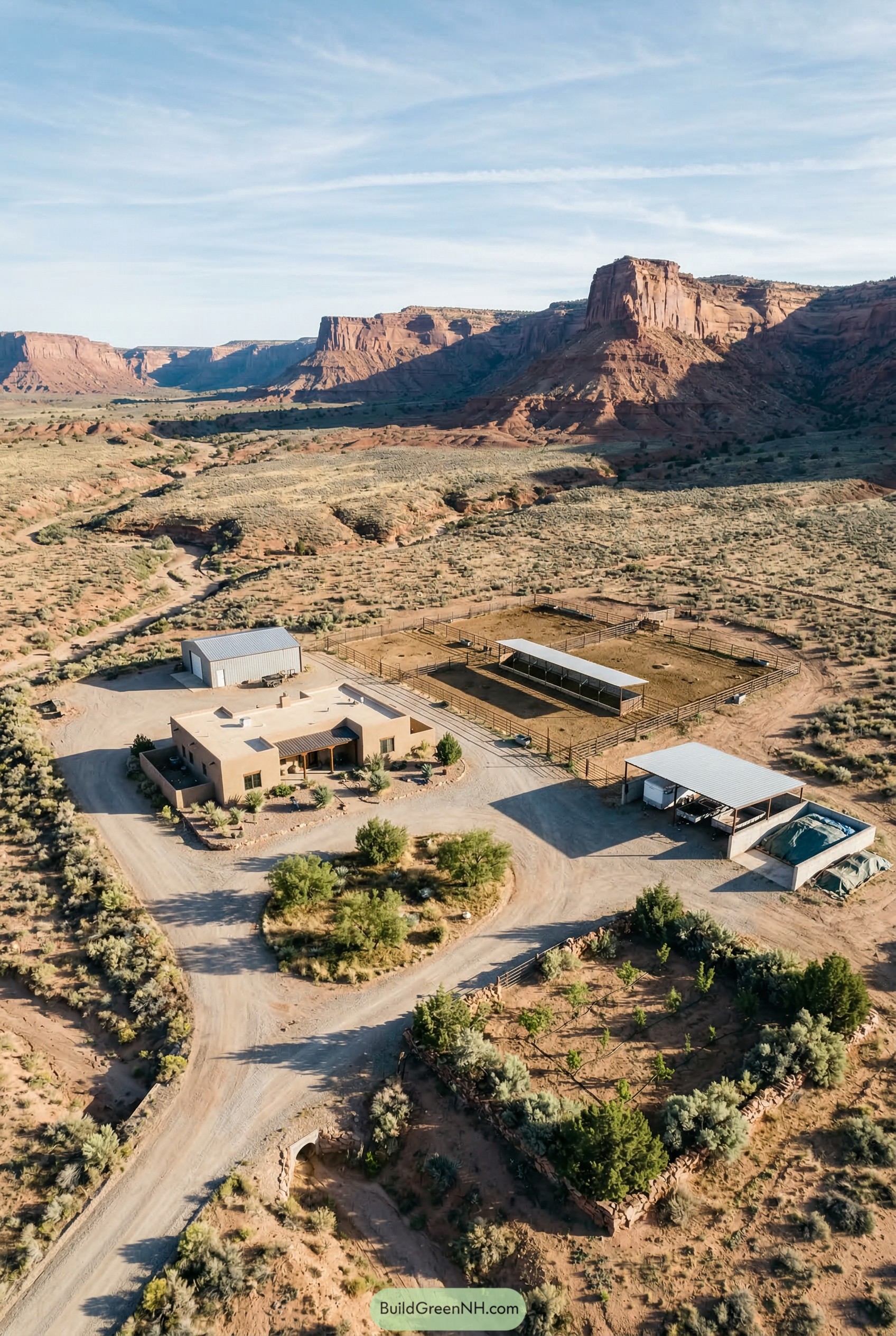 Desert farmstead with adobe house corrals and sheds