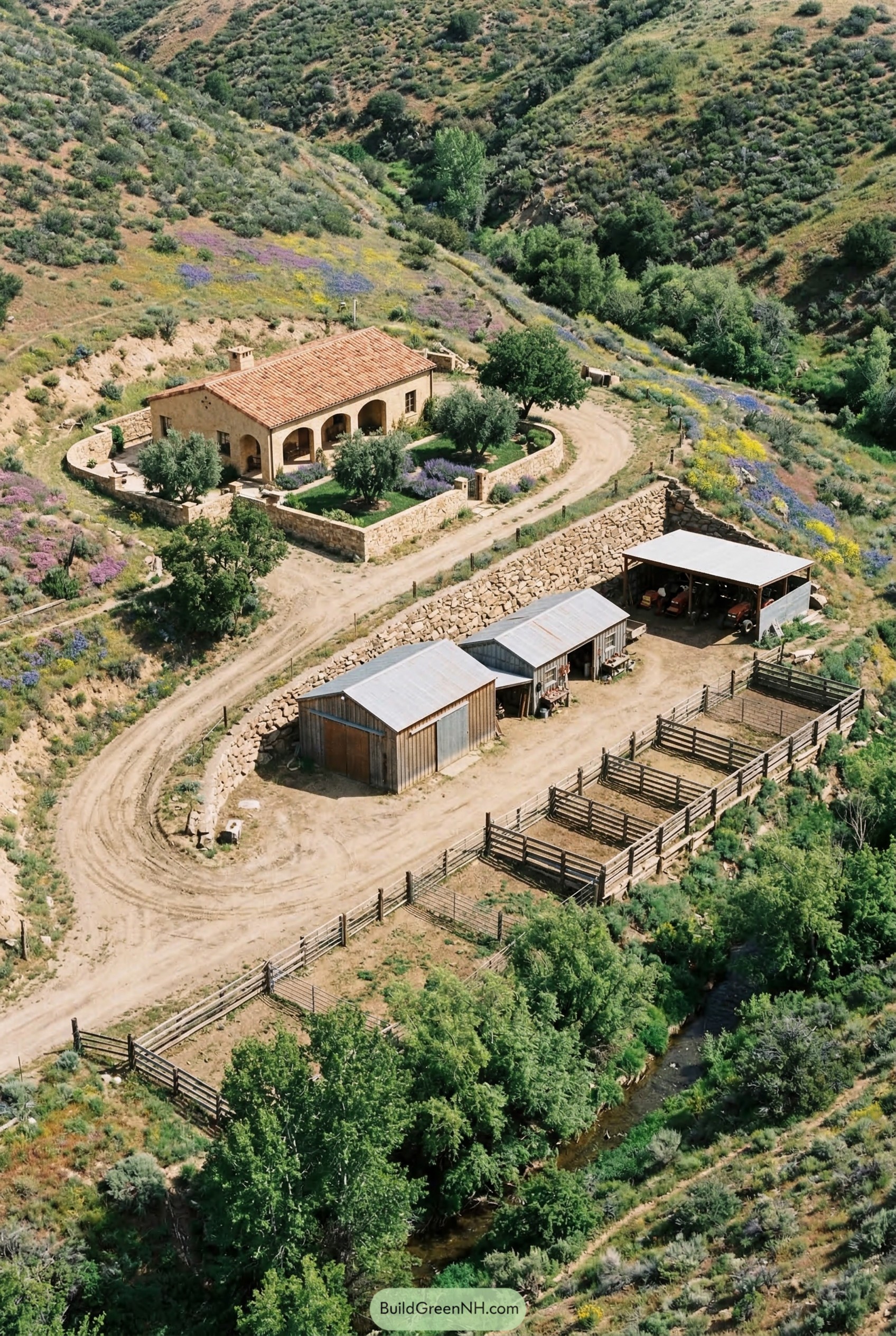 Adobe ranch house above corrals and creek