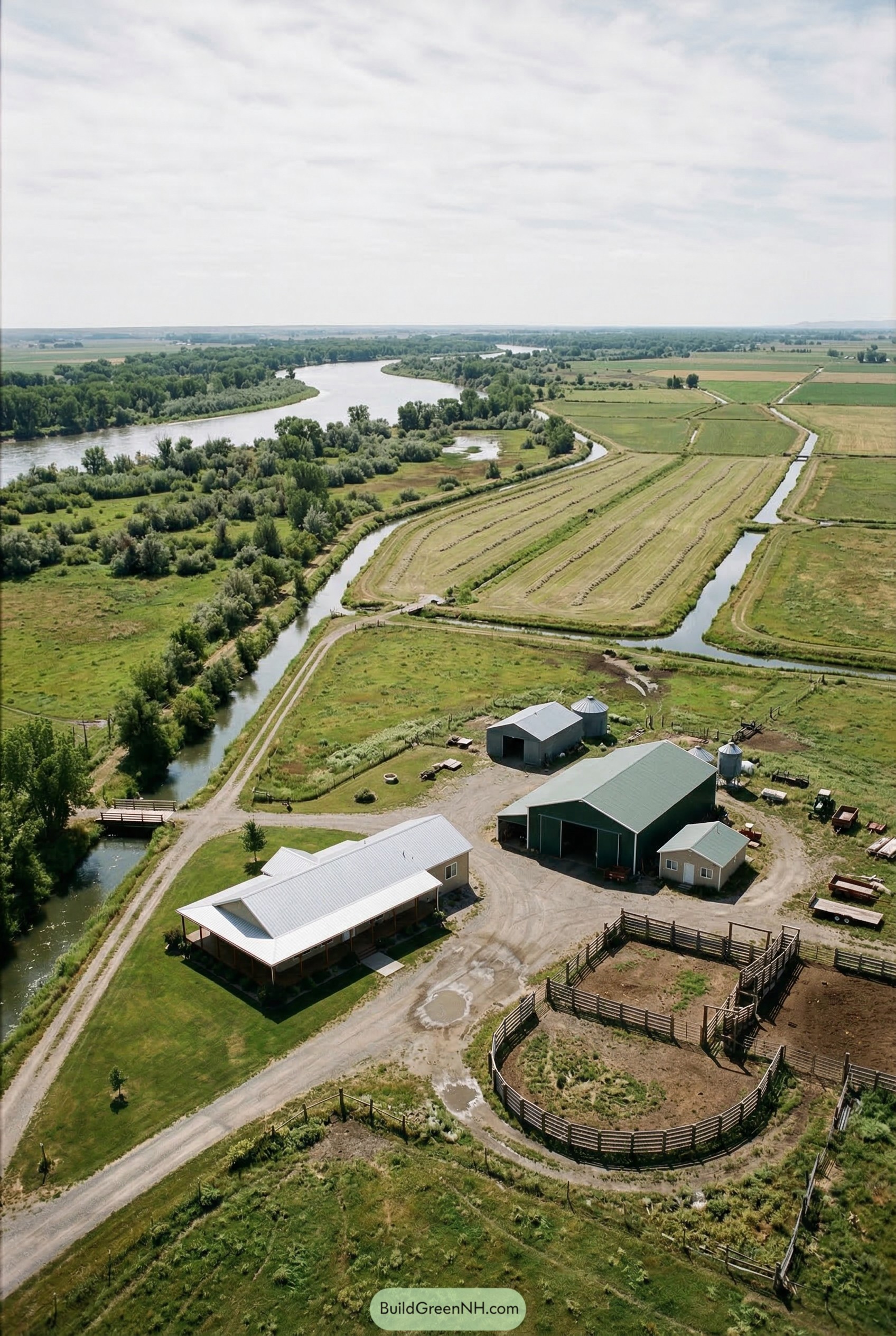 Aerial ranch by river with barn and corral