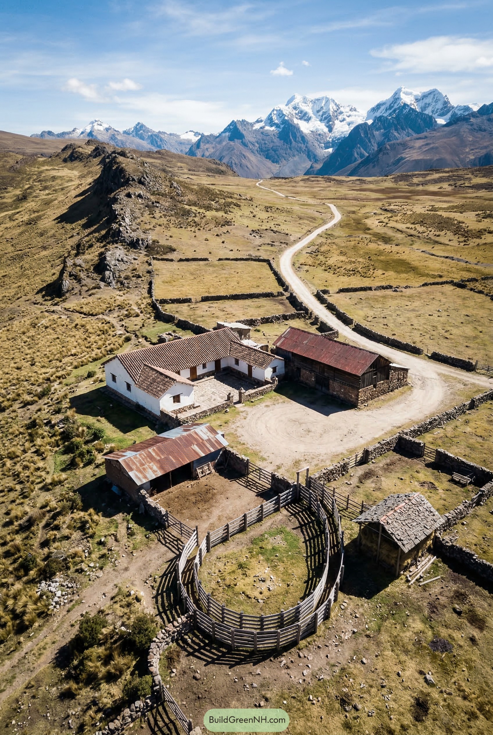High mountain ranch with courtyard house barn and round corral