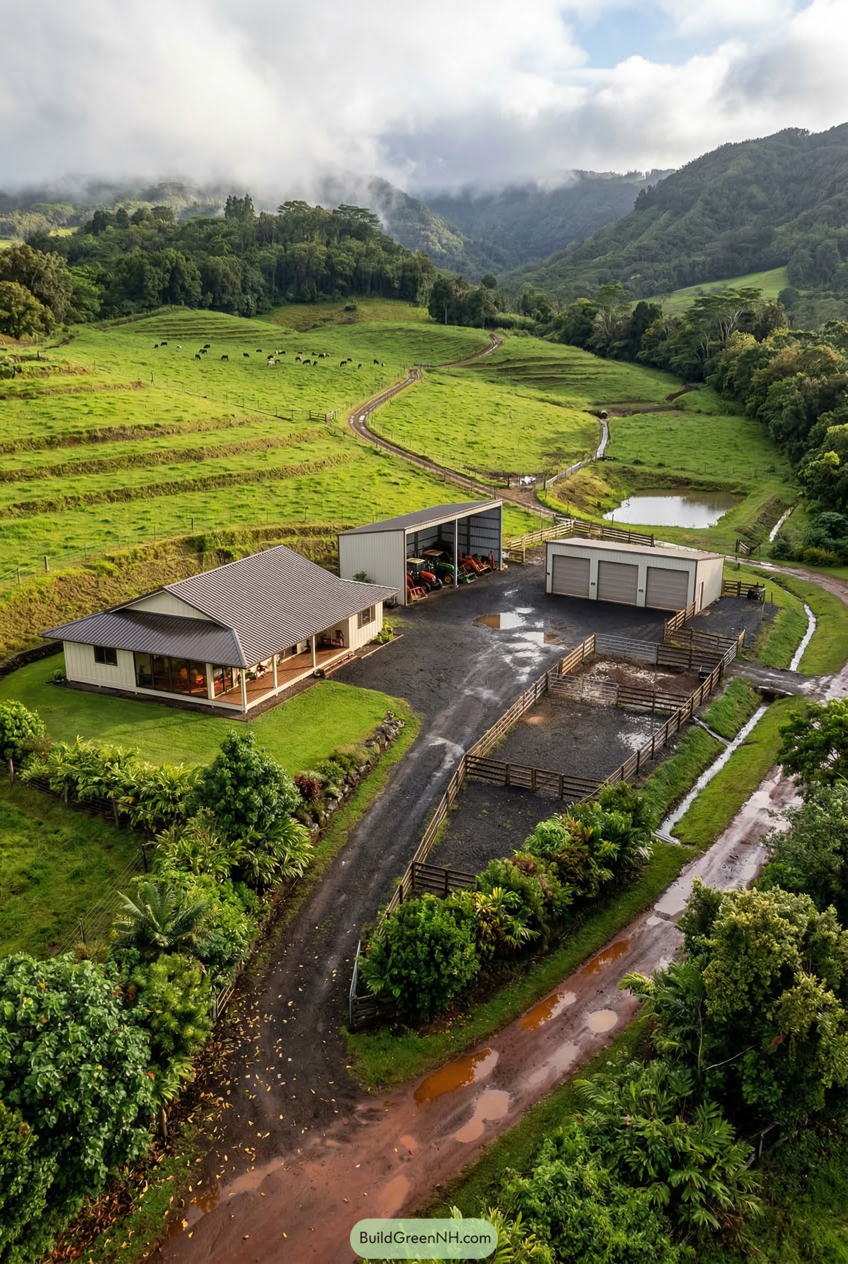 Misty hillside ranch with home sheds paddocks and pond