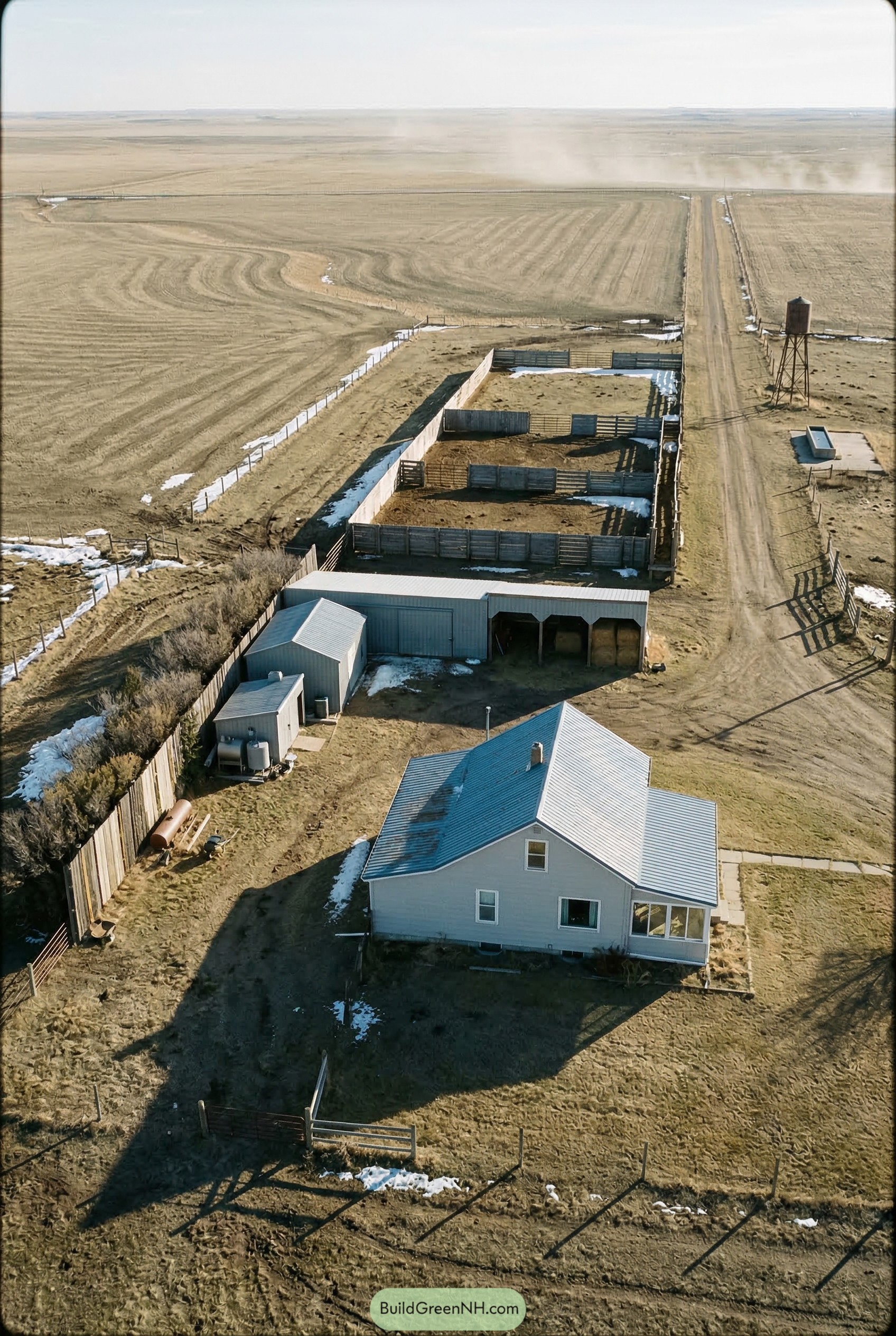 Aerial view of farmhouse corrals and side road