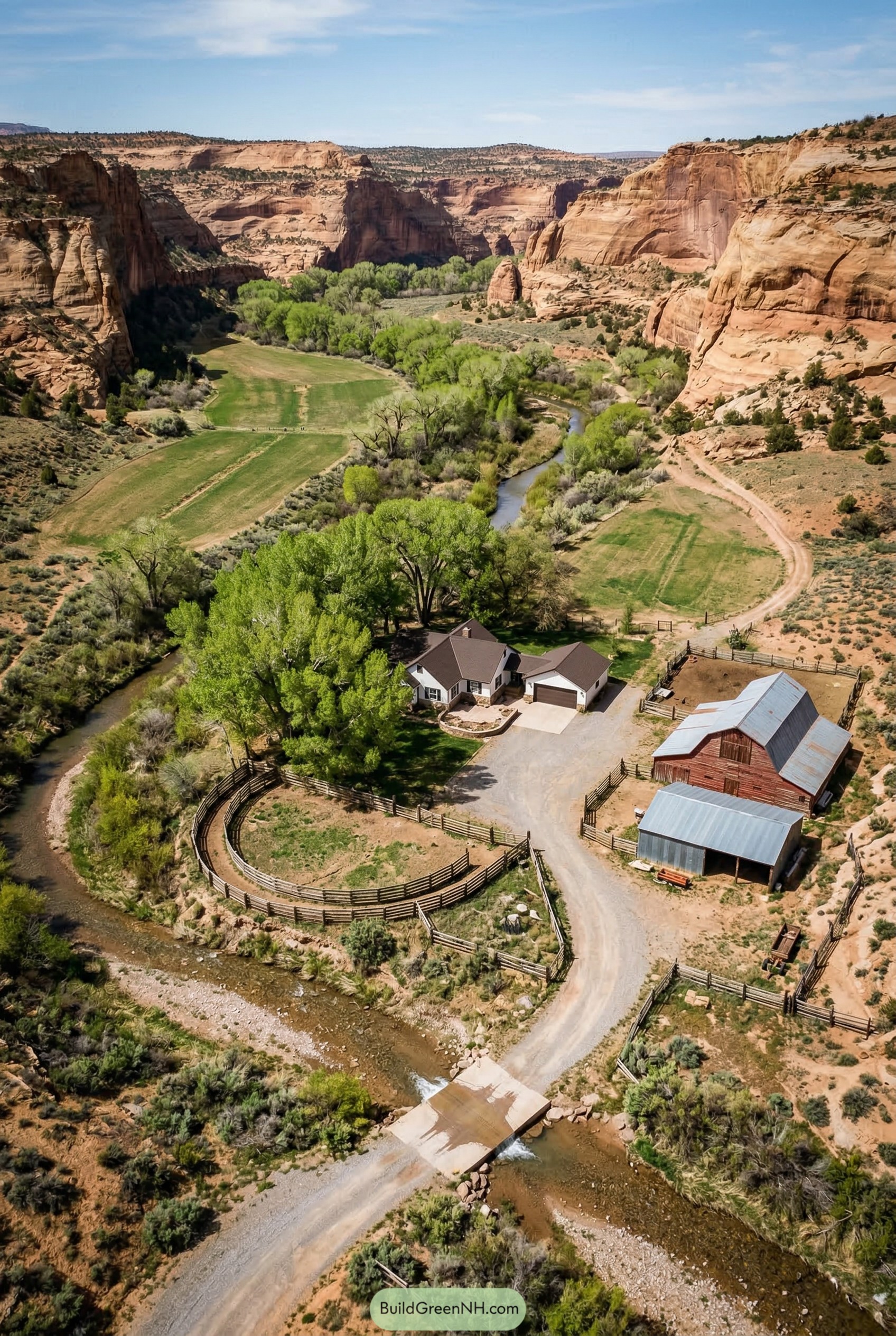Canyon farmstead with creek ford and round corral