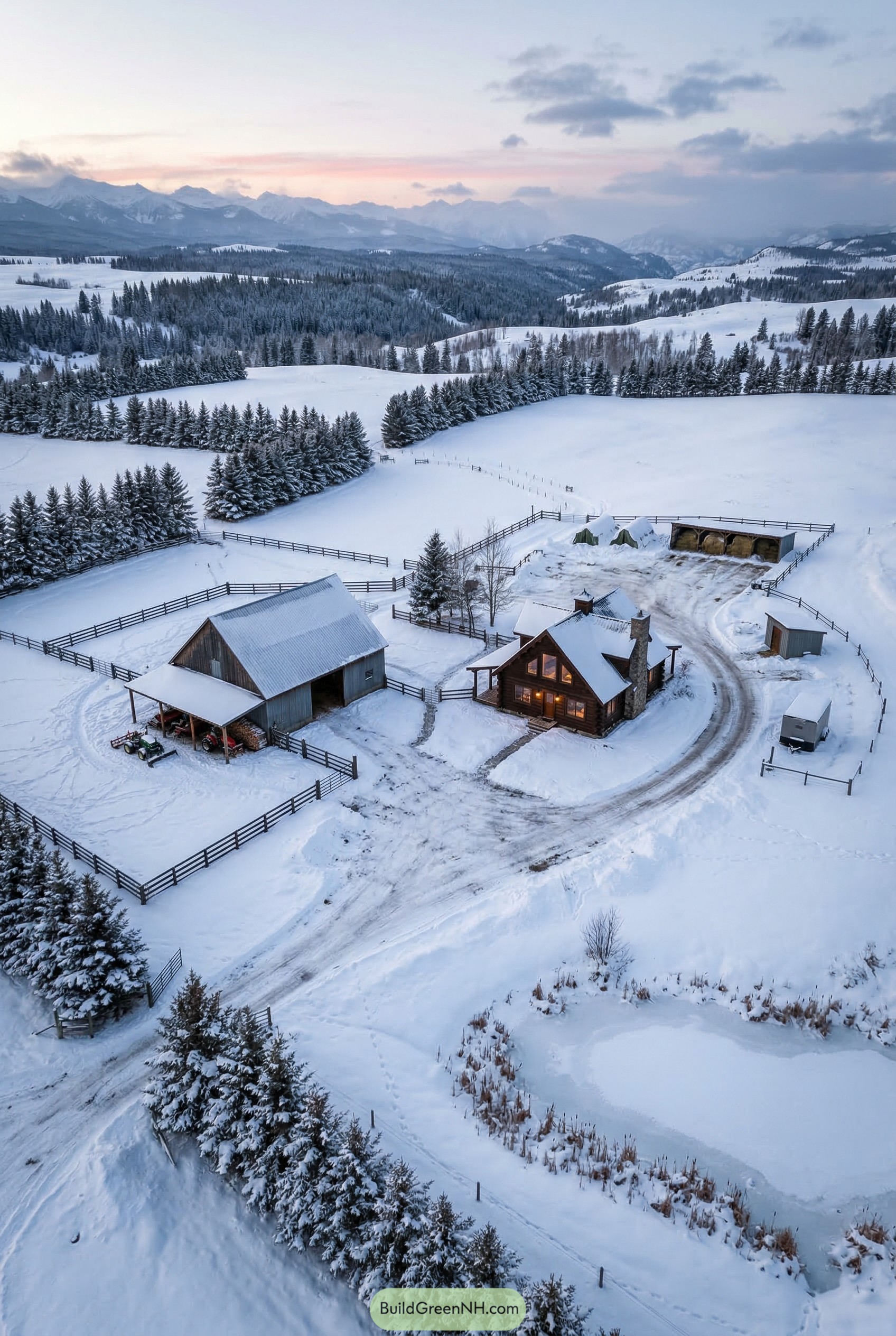 Snowy ranch with log cabin barn and fenced paddocks