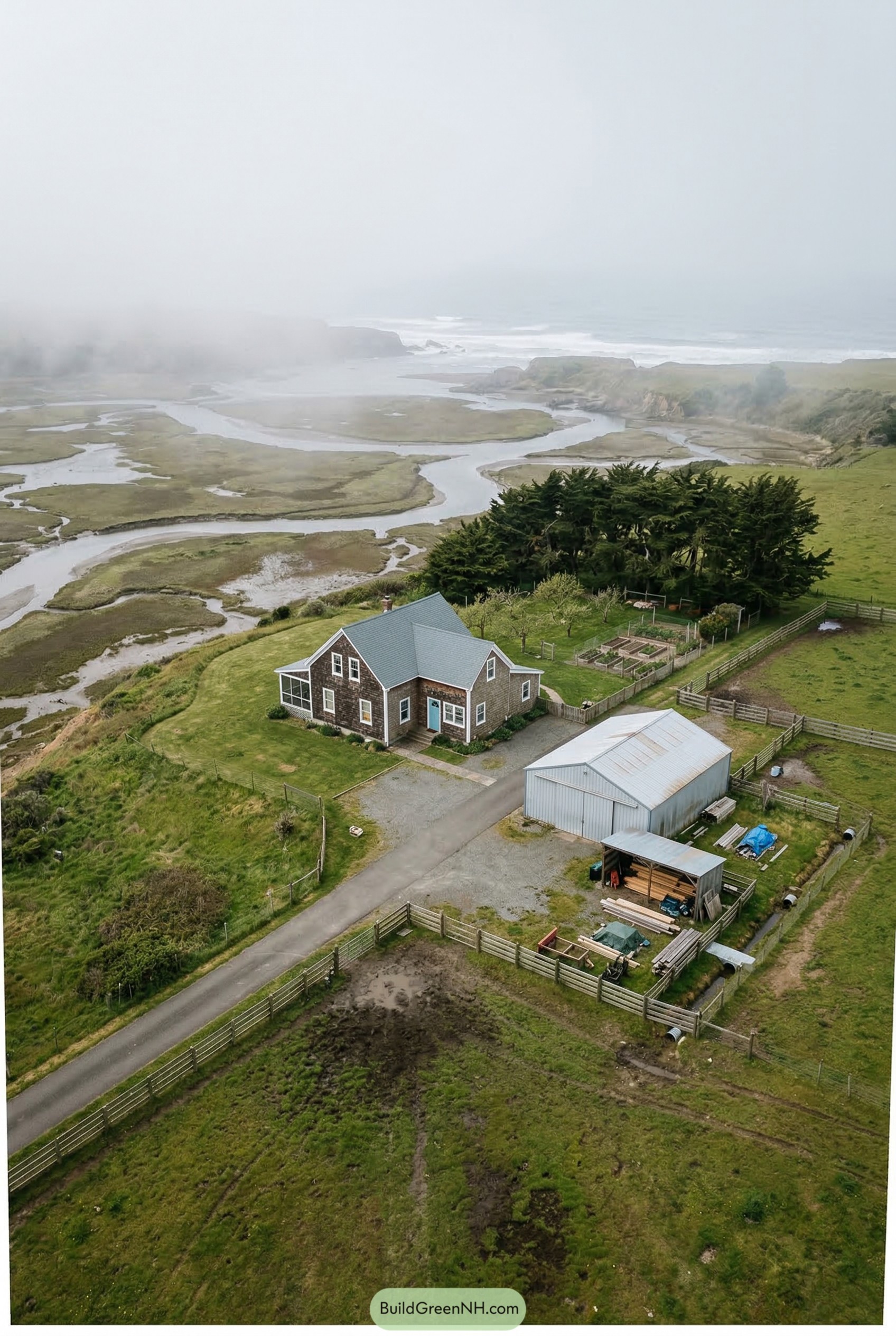 Aerial view of a coastal homestead above marshland