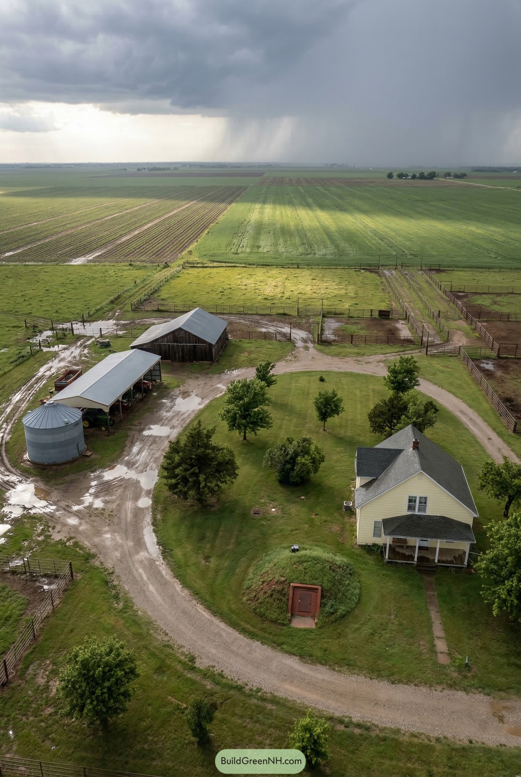 Aerial farmstead with curved drive barns and paddocks