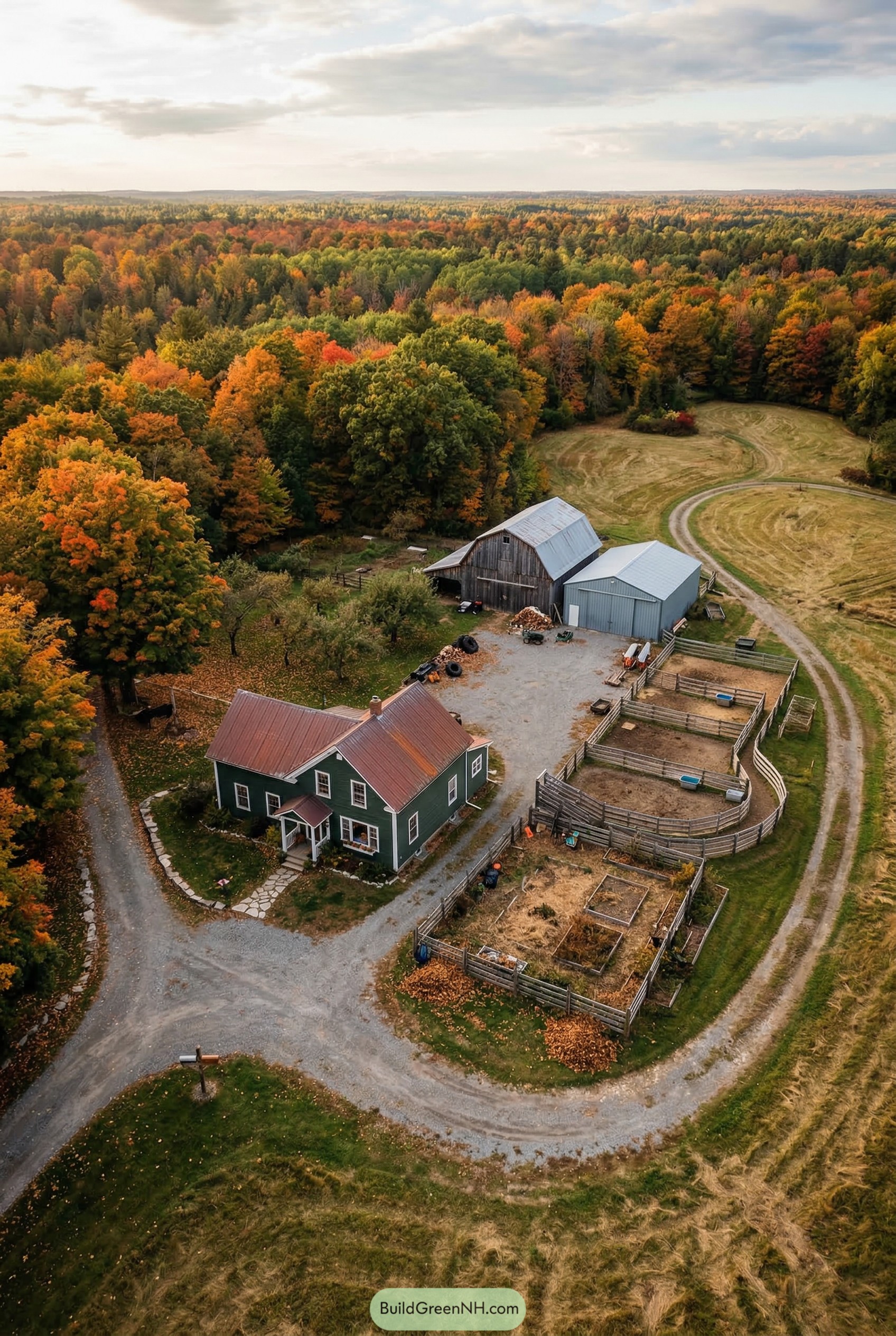 Aerial view of farmhouse barns and fenced paddocks in autumn forest