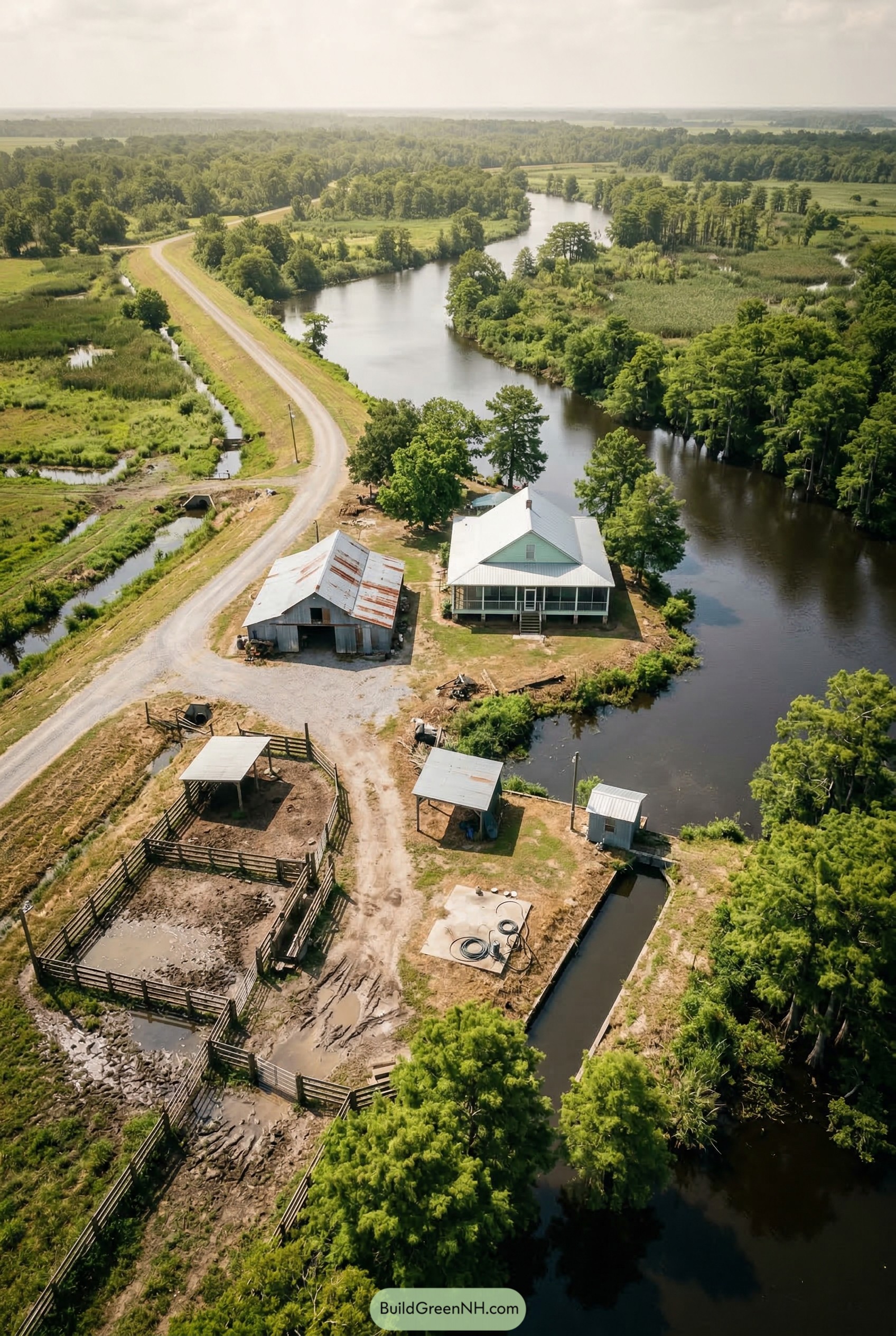 Aerial view of farmhouse barn and corrals beside a winding river