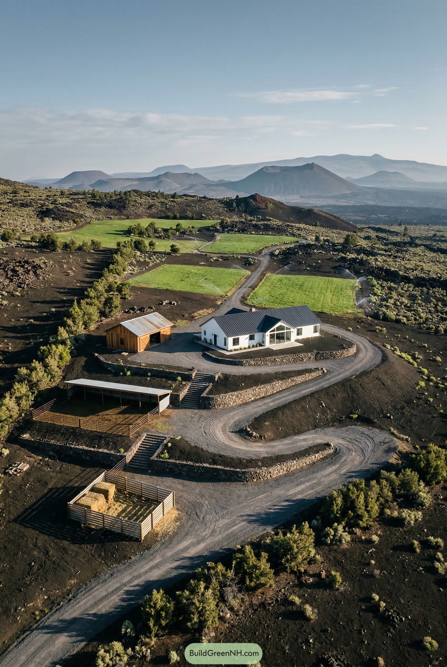 Terraced ranch house and barn on volcanic hillside