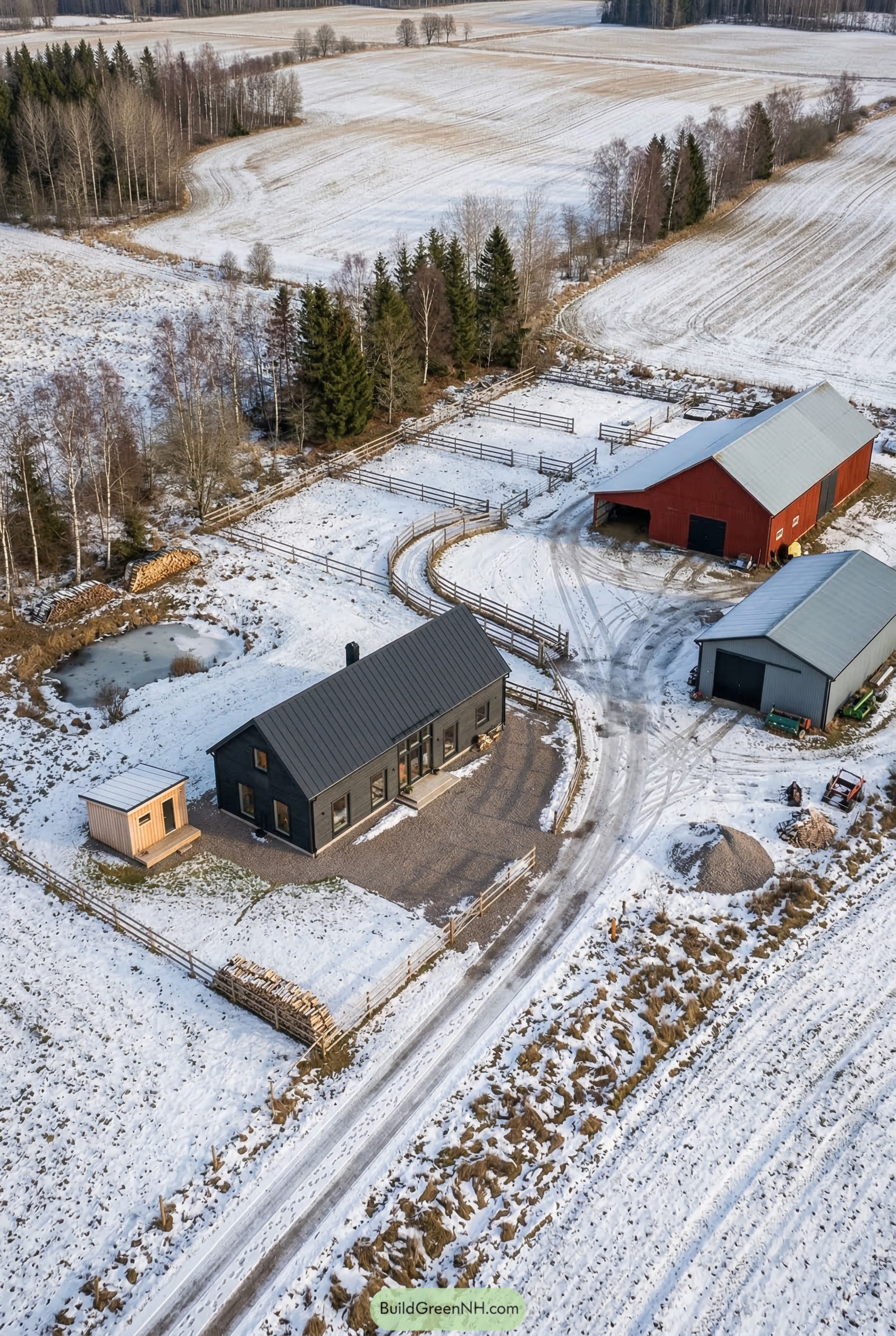 Snowy farmstead with modern house red barn and paddocks