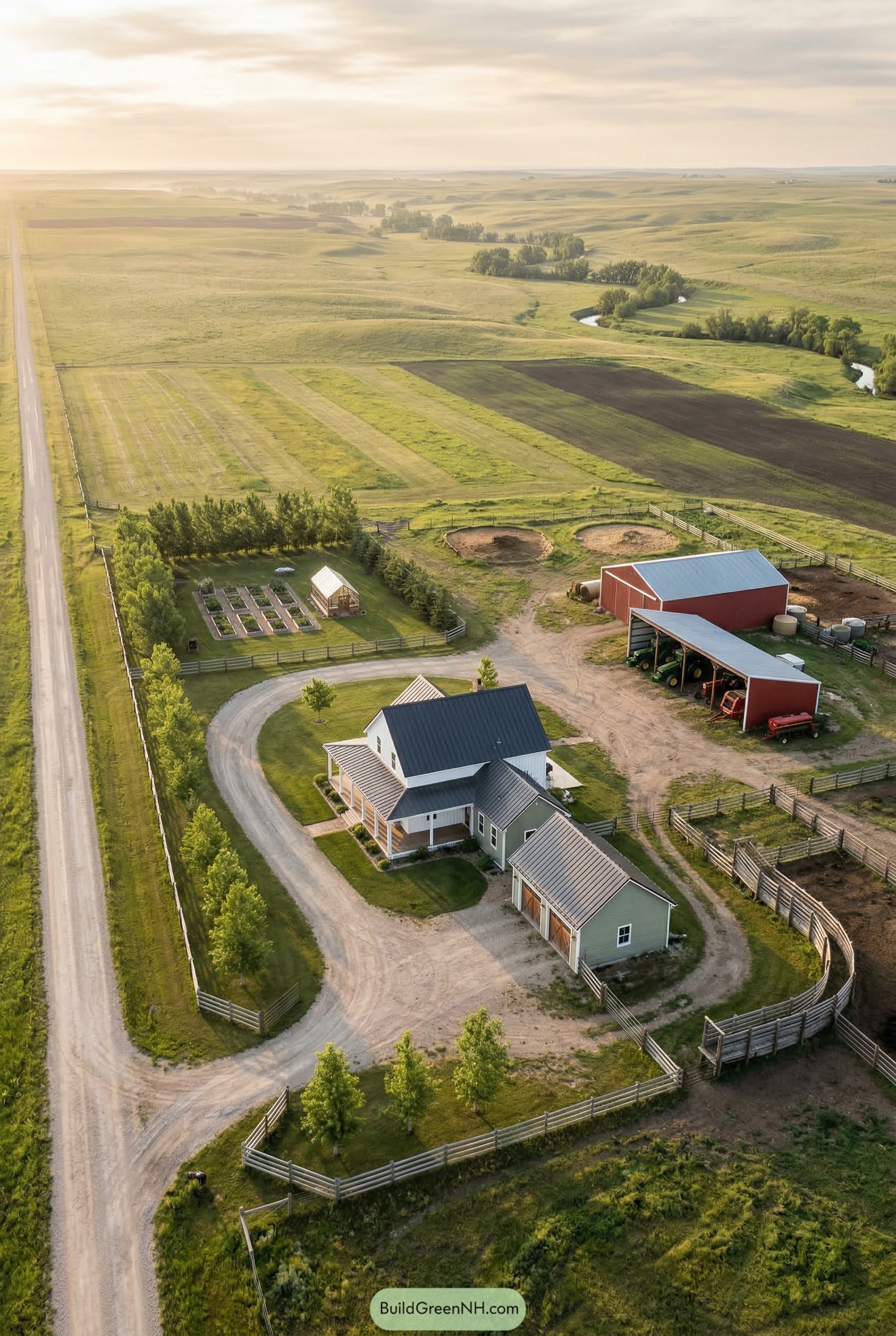 Aerial ranch with farmhouse barns paddocks and fields