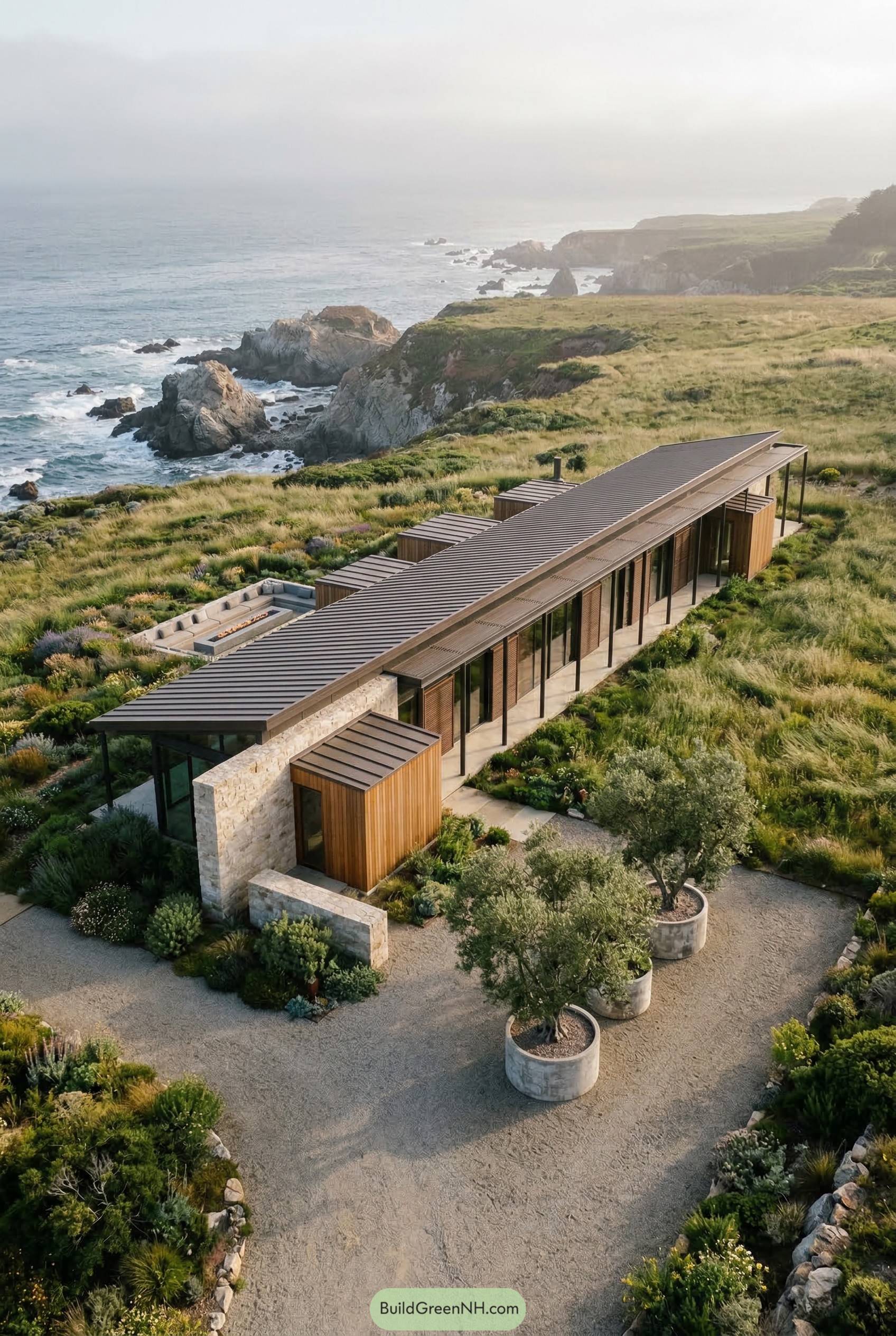 Linear coastal ranch home on rocky bluff