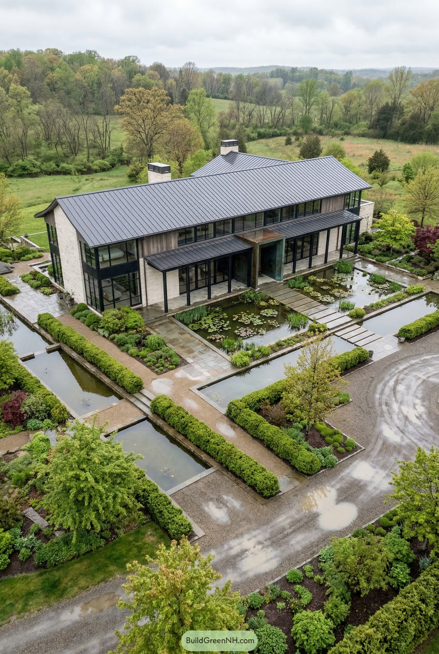 Modern ranch estate with reflecting ponds