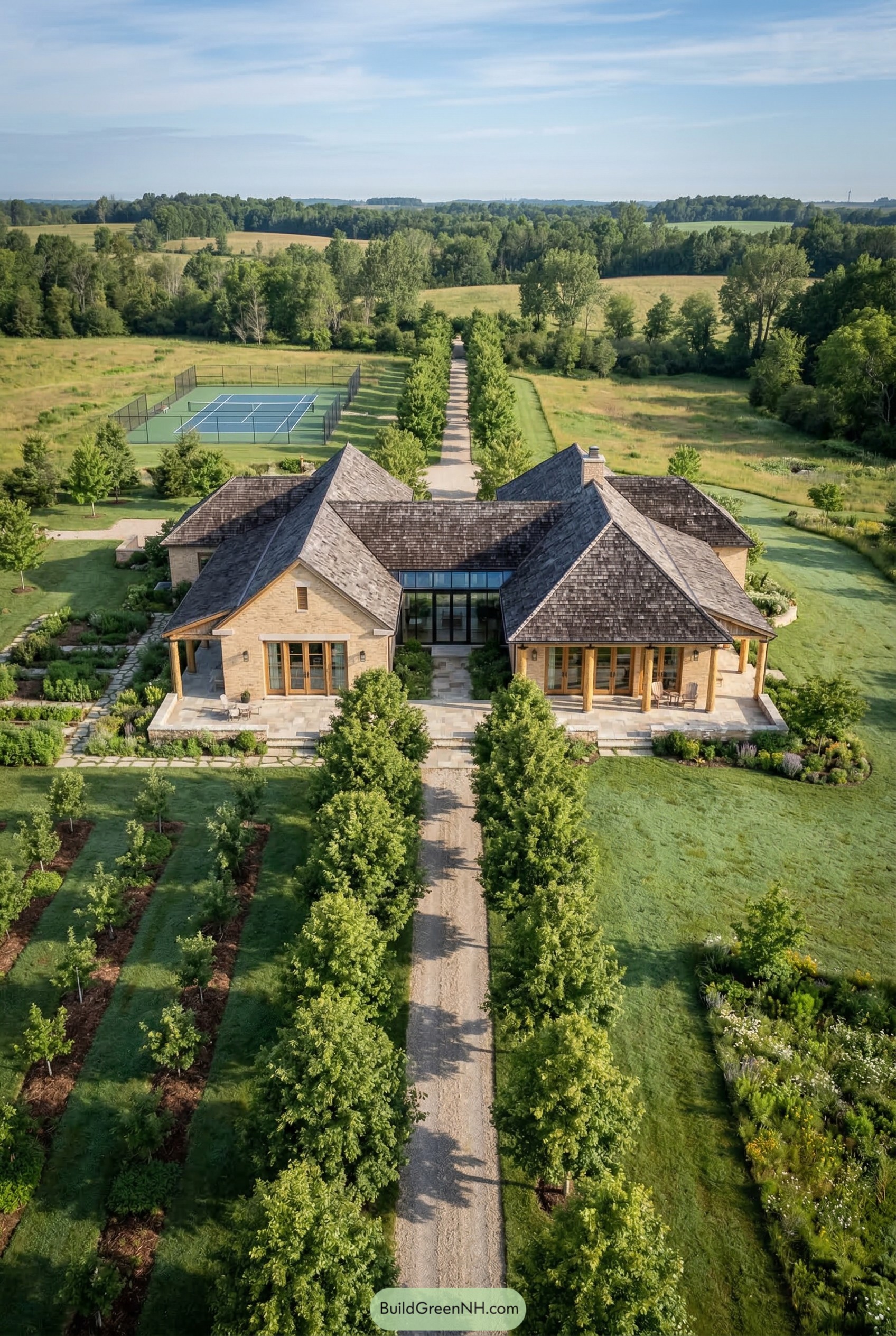 Aerial view of a stone ranch estate with a tree lined drive