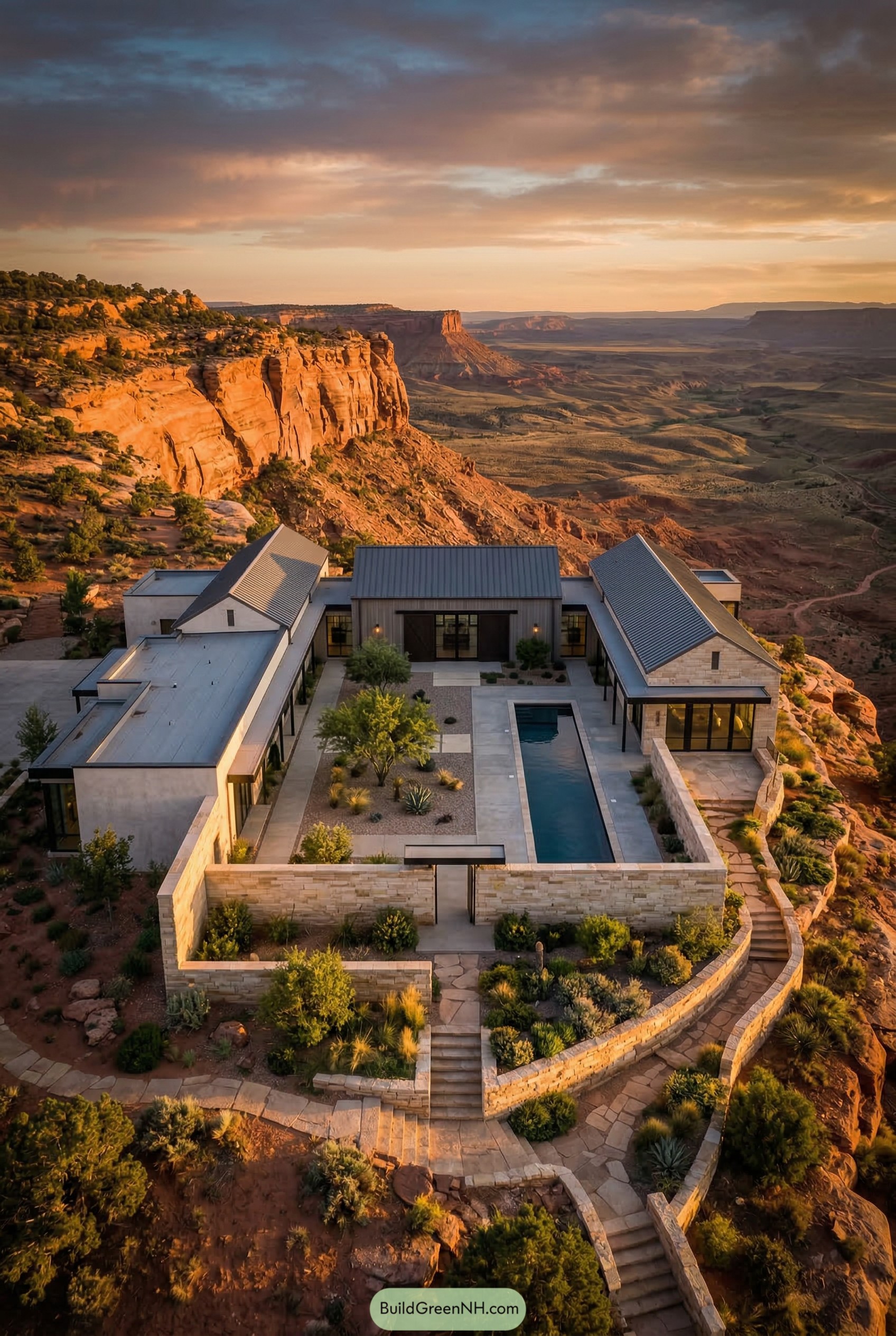 Modern ranch mansion with courtyard pool on a canyon cliff