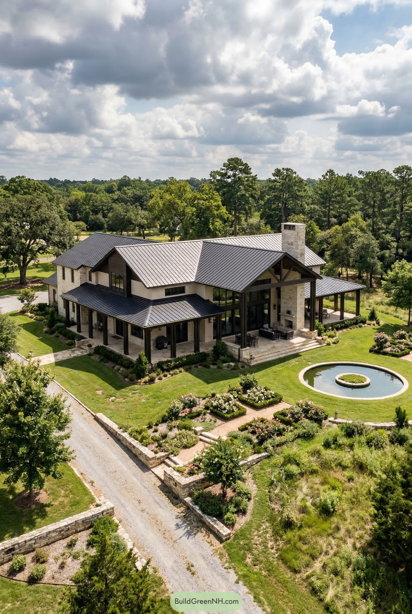Ranch mansion with black metal roof and round pond