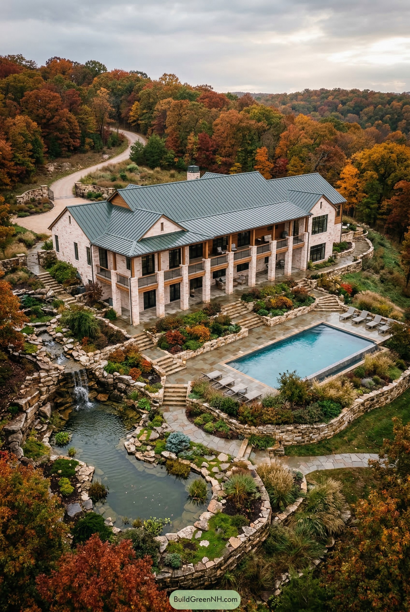 Stone ranch mansion with pool and cascading pond