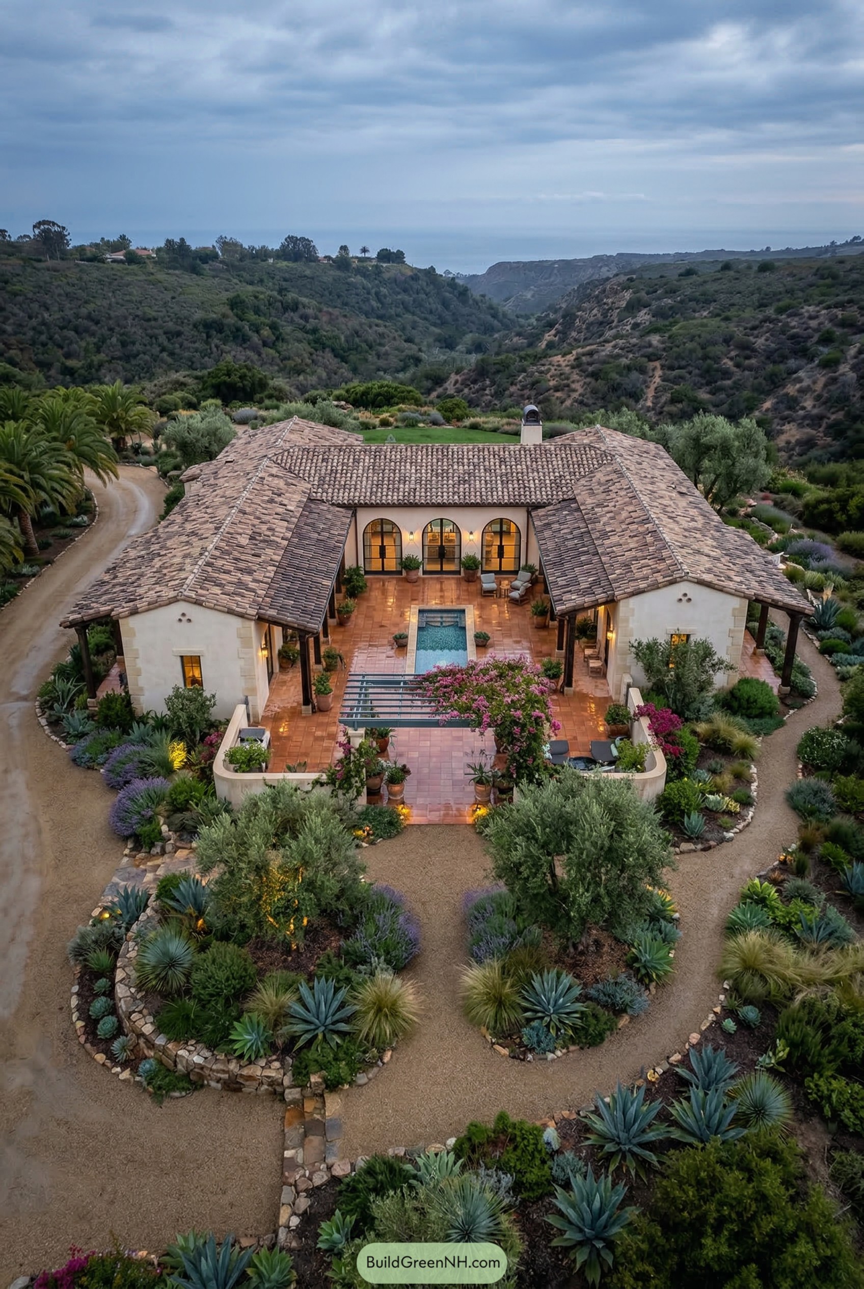 Aerial view of a U shaped hacienda with a central pool and desert garden