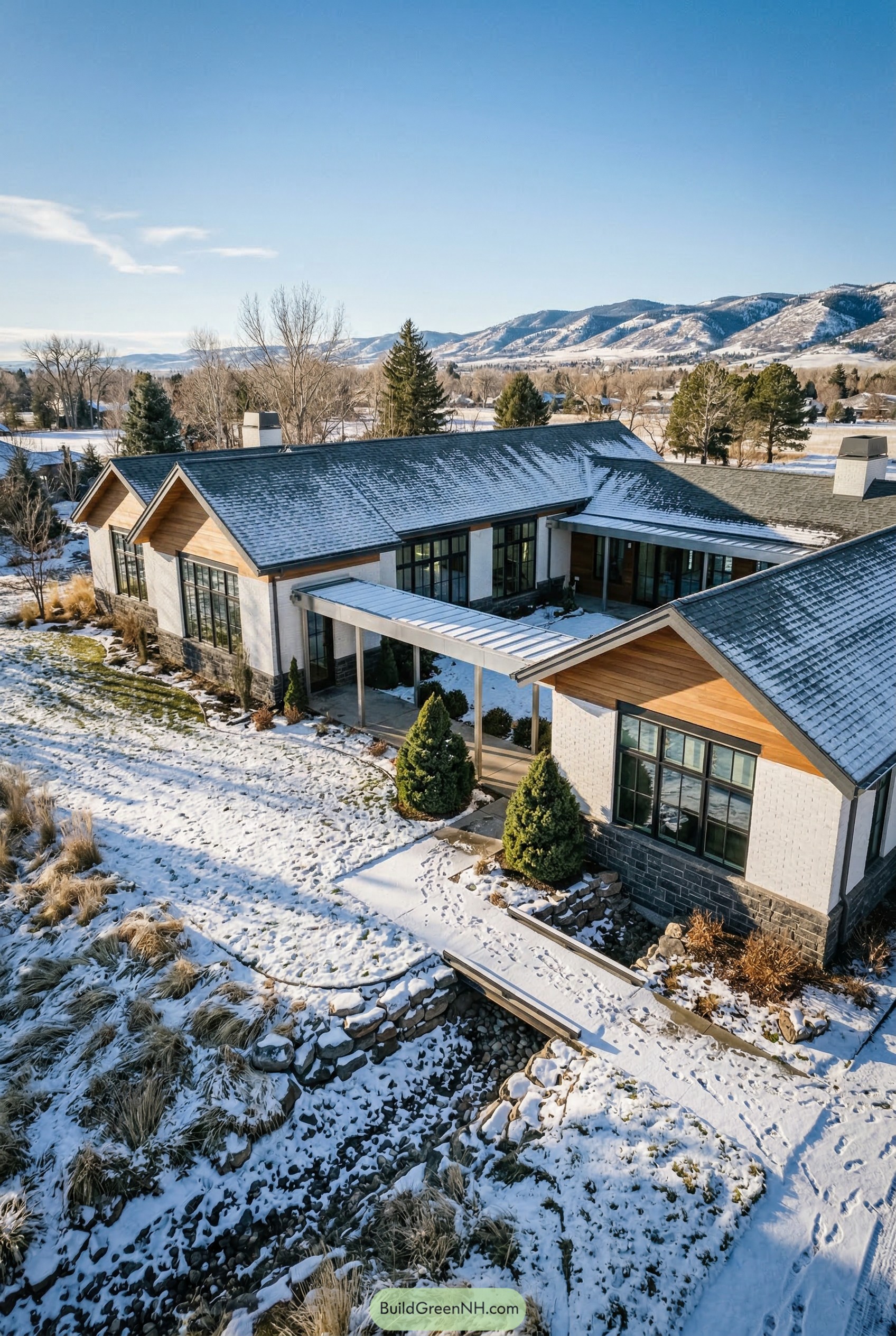 Snow covered ranch mansion with mountain backdrop