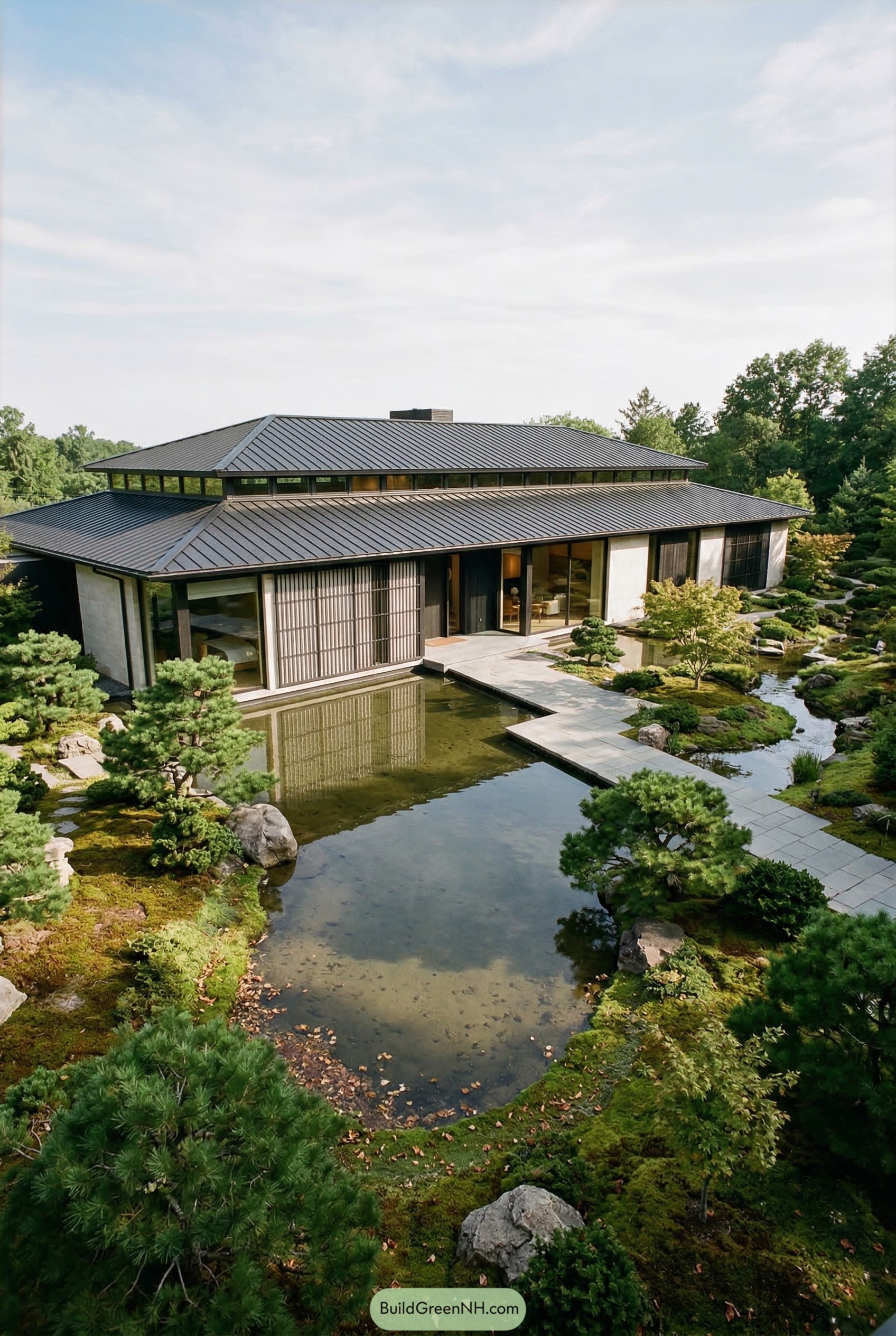 Japanese inspired ranch mansion with reflecting pond and moss garden