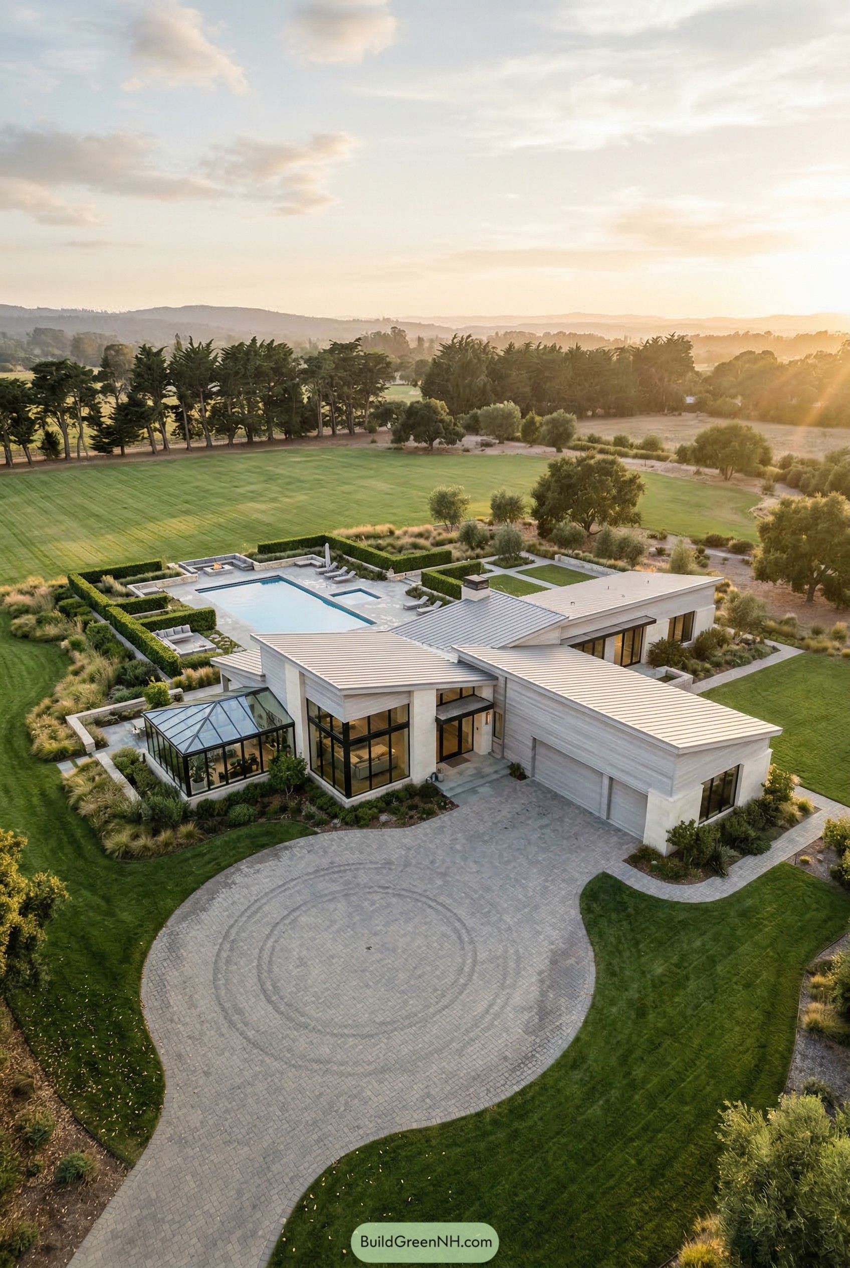 Modern ranch mansion with hedged pool and conservatory