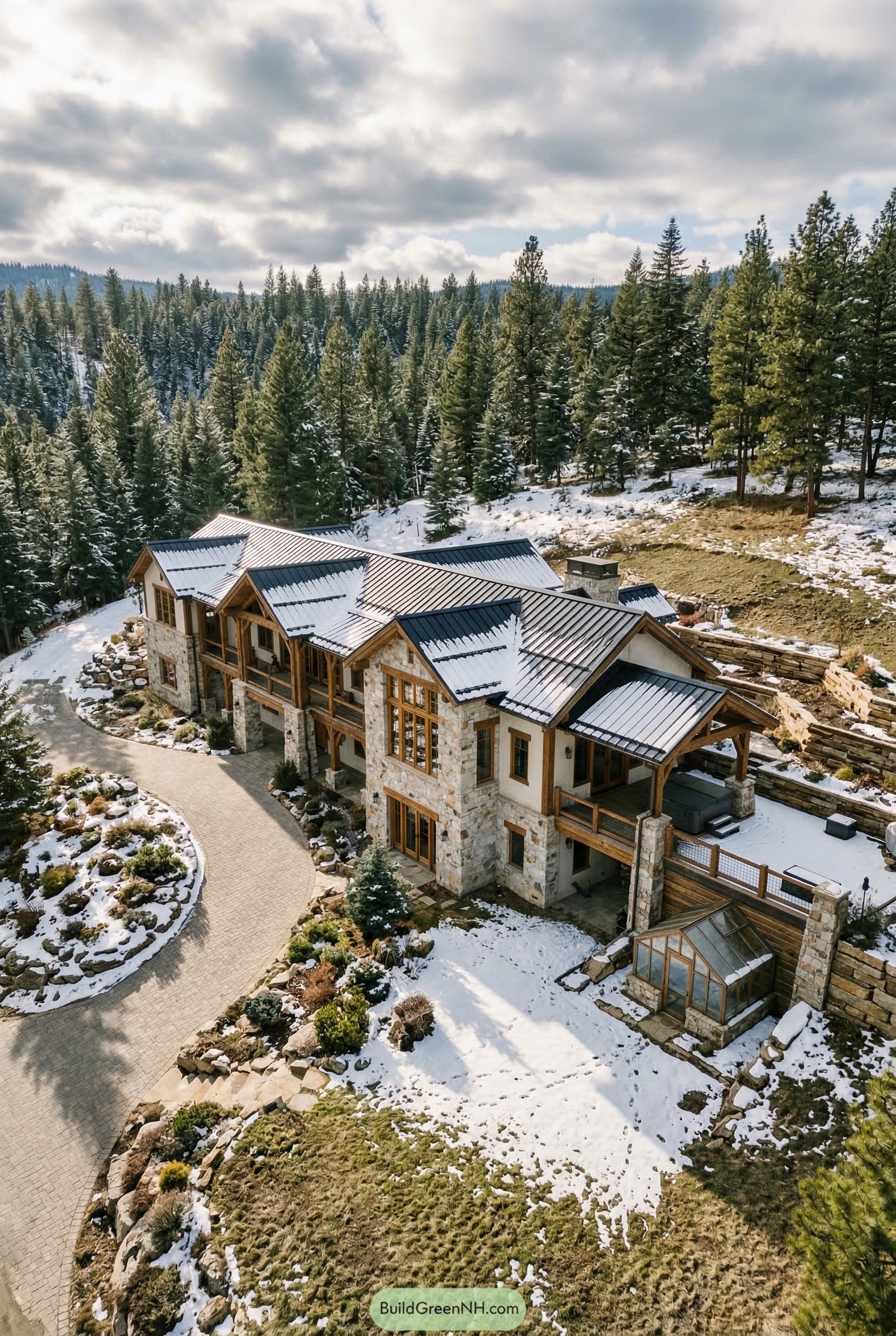 Stone and timber ranch mansion on a snowy forest hillside
