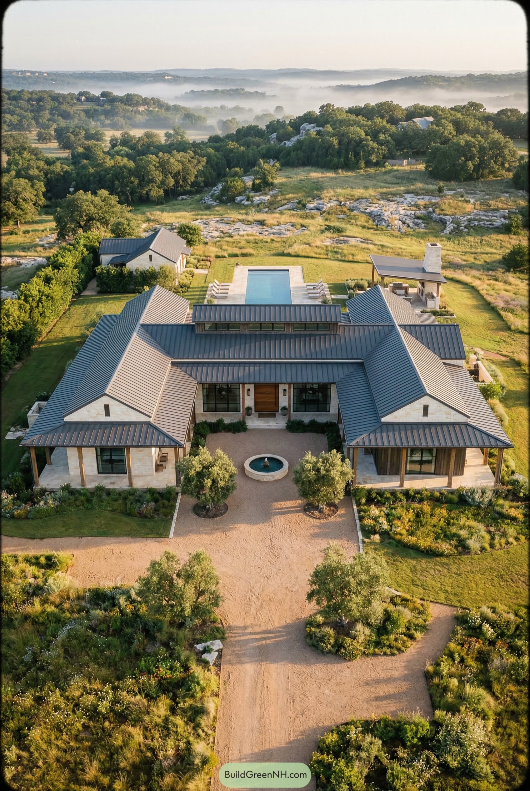 Aerial view of a stone ranch mansion with courtyard fountain pool and pavilion