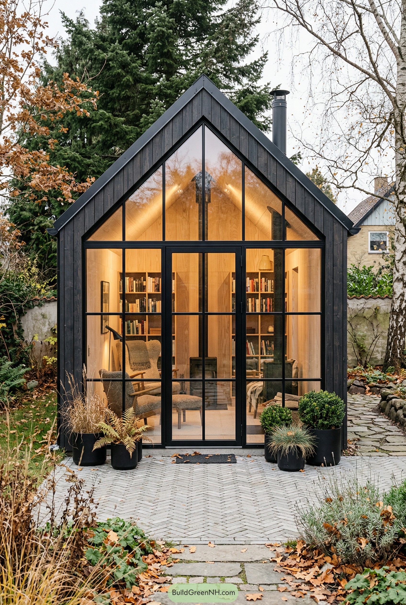 Black gabled reading shed with full glass front
