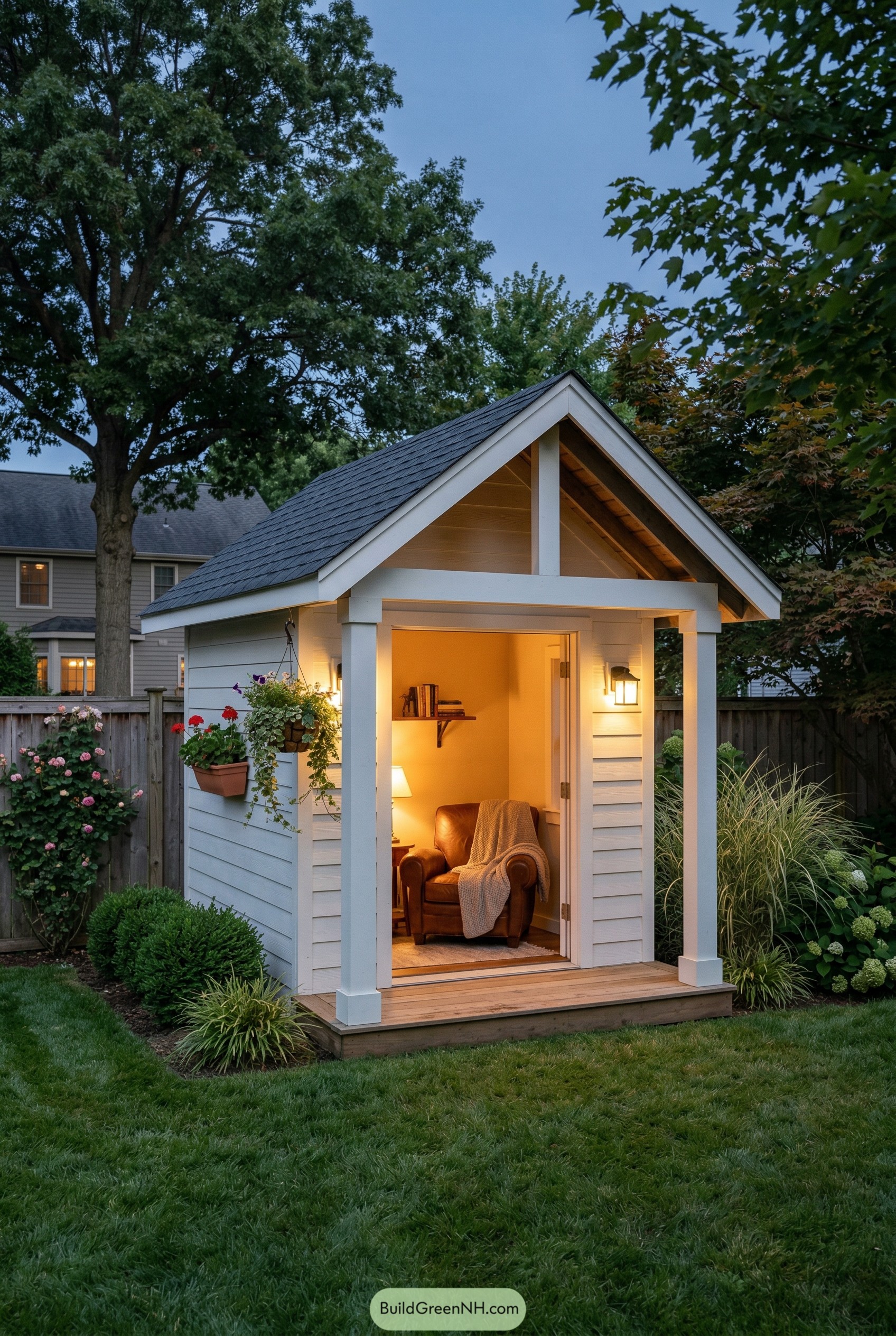 Small white gabled reading shed with porch